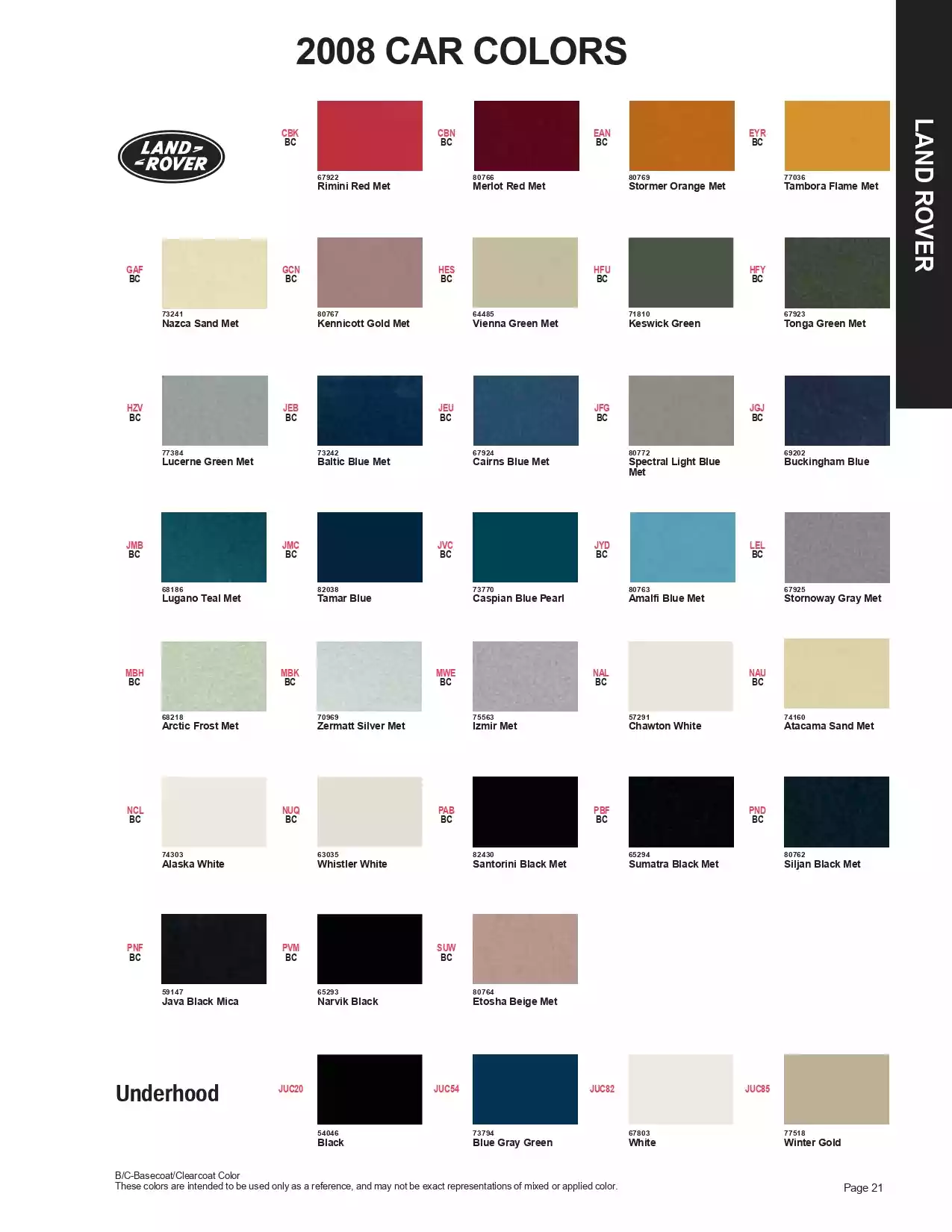 2008 Land Rover Paint Codes & Color Chart Paint color examples, their ordering codes, the oem color code, and vehicles the color was used on