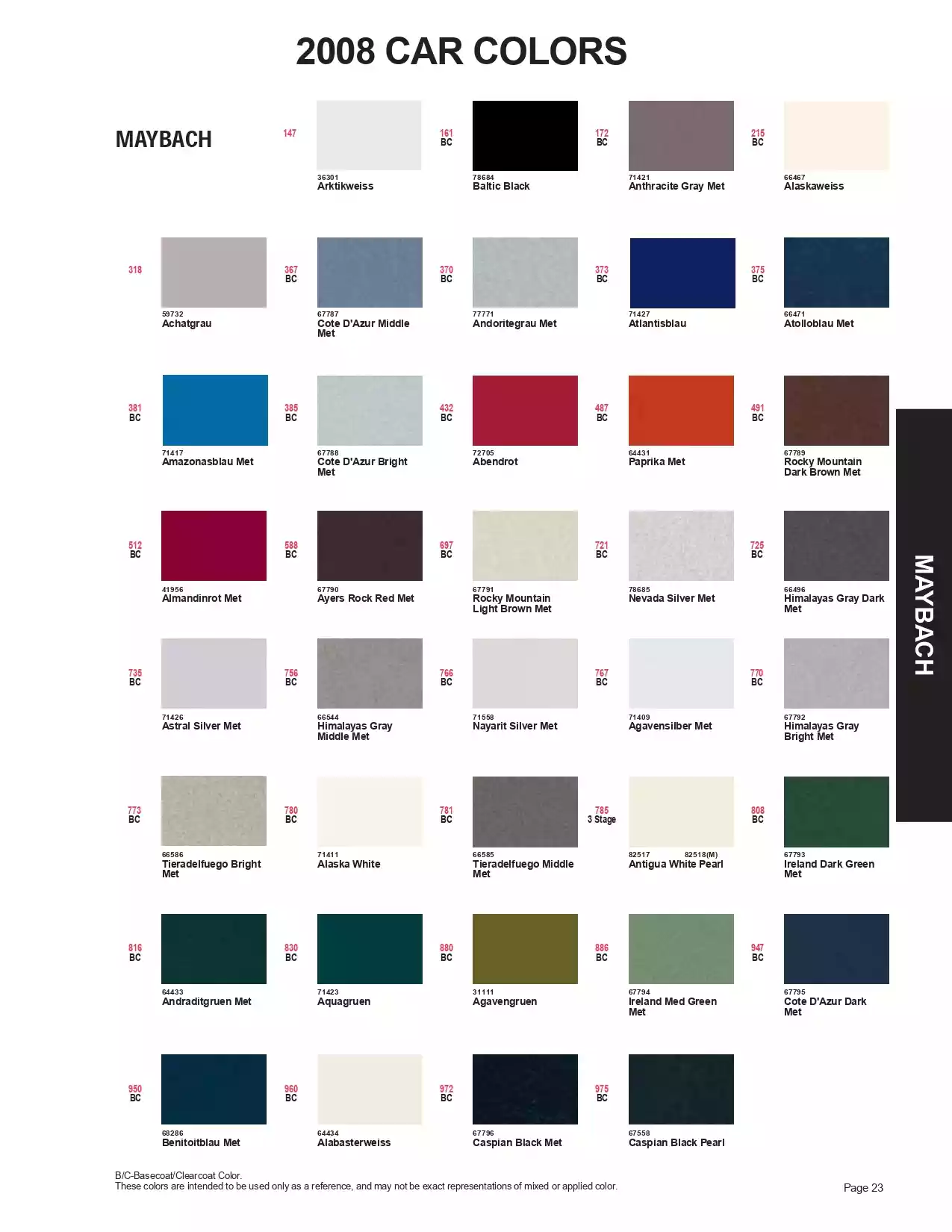 2008 Maybach Paint Codes & Color Chart Paint color examples, their ordering codes, the oem color code, and vehicles the color was used on