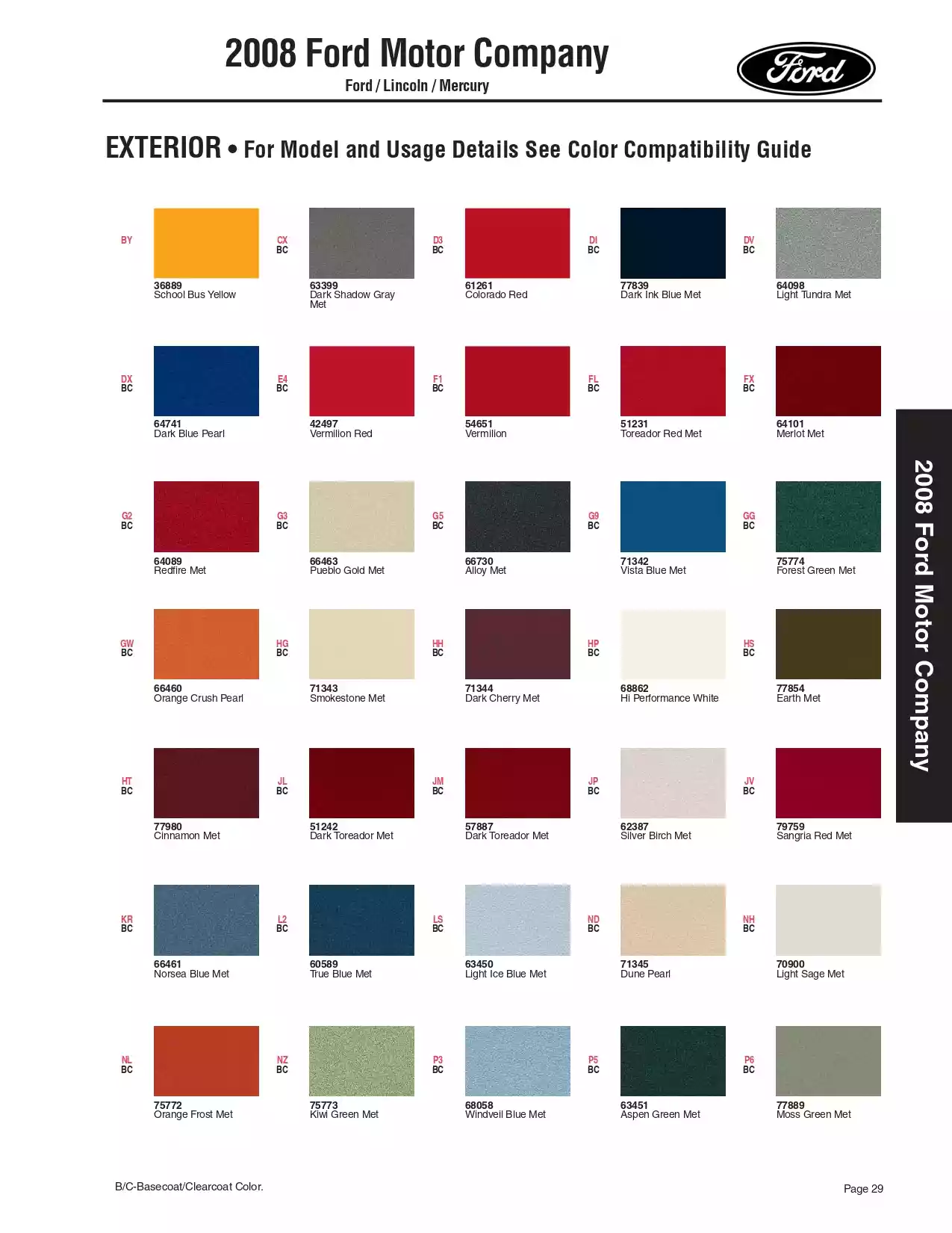 2008 Ford, Lincoln & Mercury Paint Codes & Color Chart Paint color examples, their ordering codes, the oem color code, and vehicles the color was used on