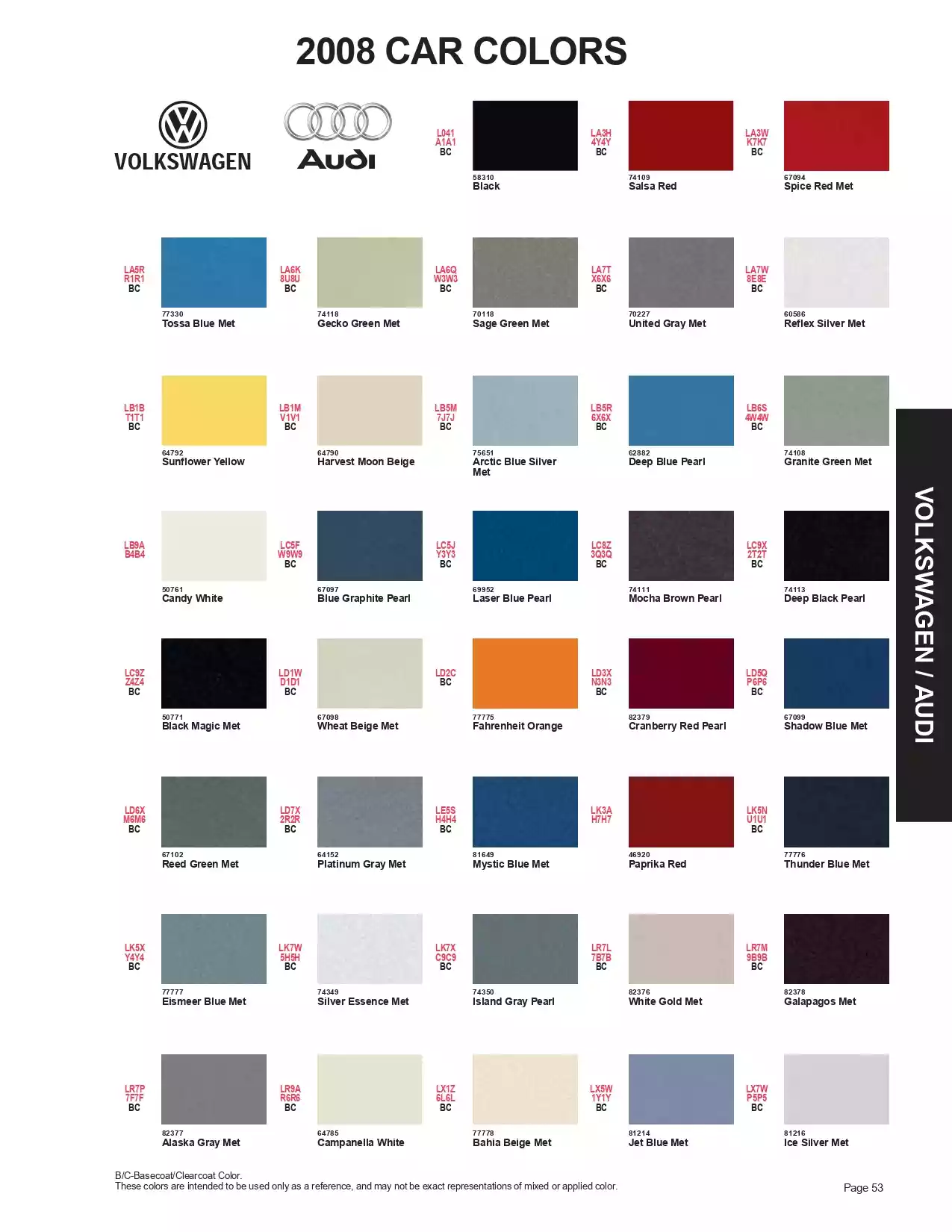 2008 Volkswagen & Audi Paint Codes and Color Chart Paint color examples, their ordering codes, the oem color code, and vehicles the color was used on