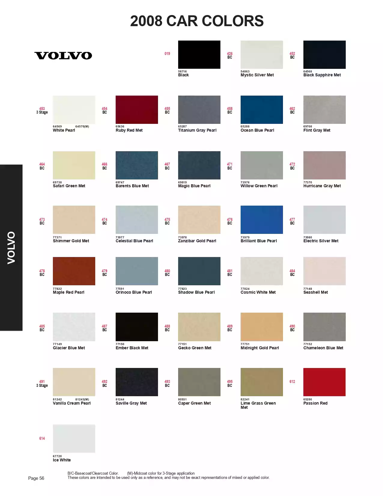 2008 Volvo Paint Codes and Color Chart Paint color examples, their ordering codes, the oem color code, and vehicles the color was used on