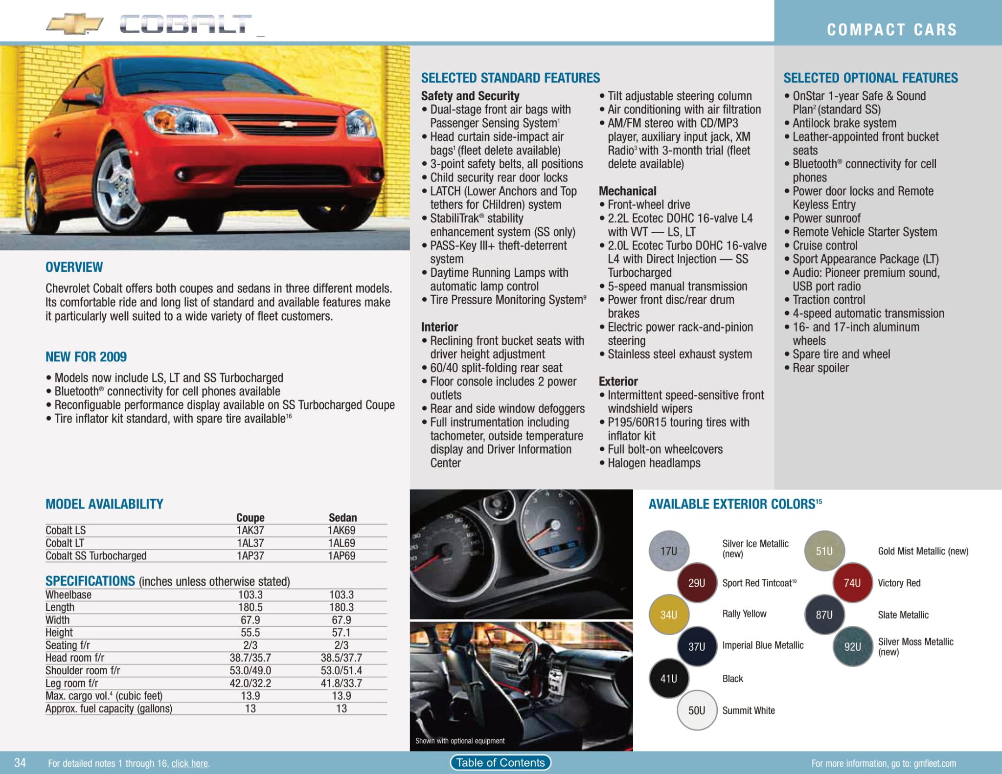 2009 Paint Chart Chevrolet Cobalt Factory colors the Chevrolet came in from 2009