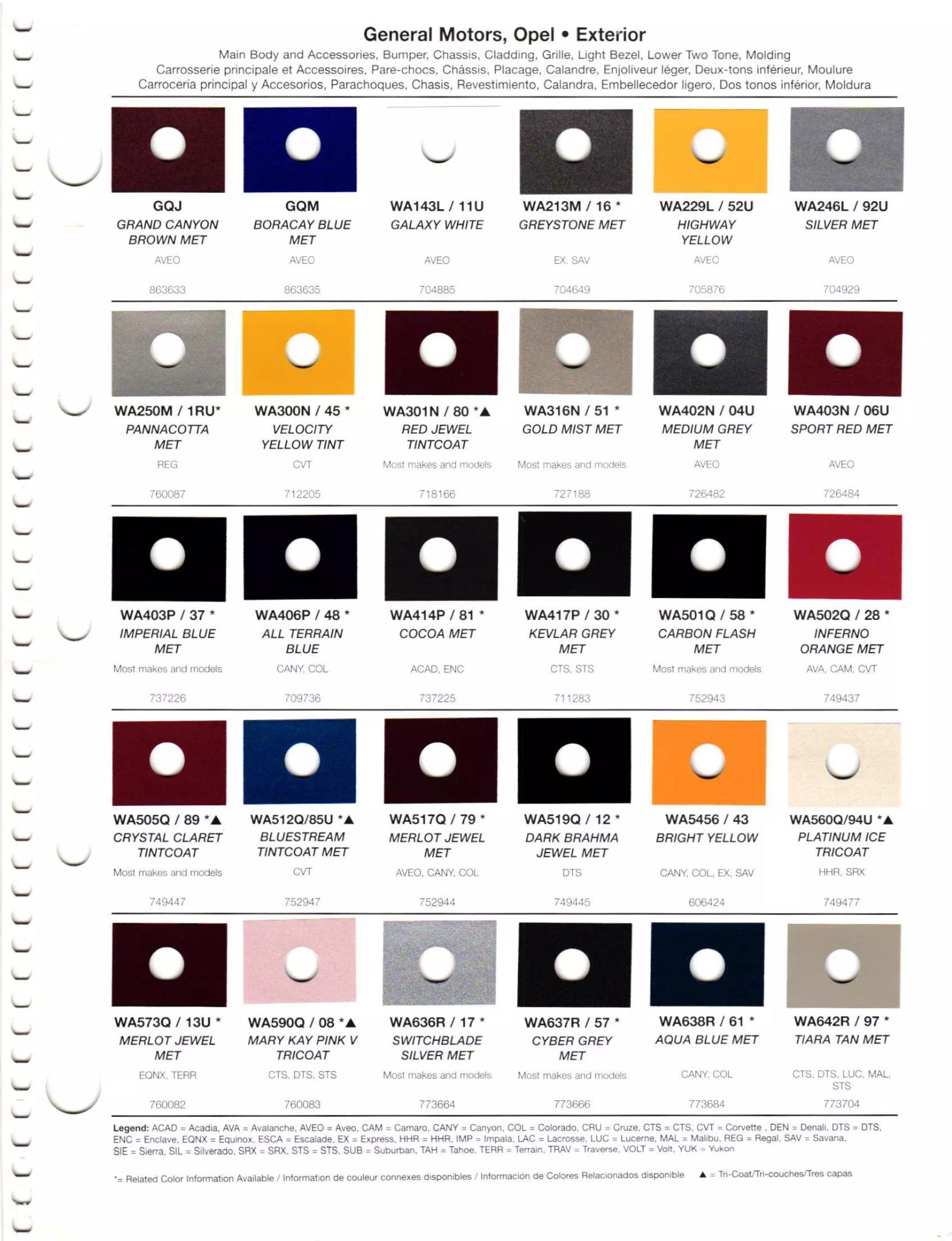 2011 General Motors - Buick, Chevrolet, Cadillac, GMC, & Opel Paint Codes & Color Chart Paint codes, and their ordering stock numbers for their color on 2011 vehicles