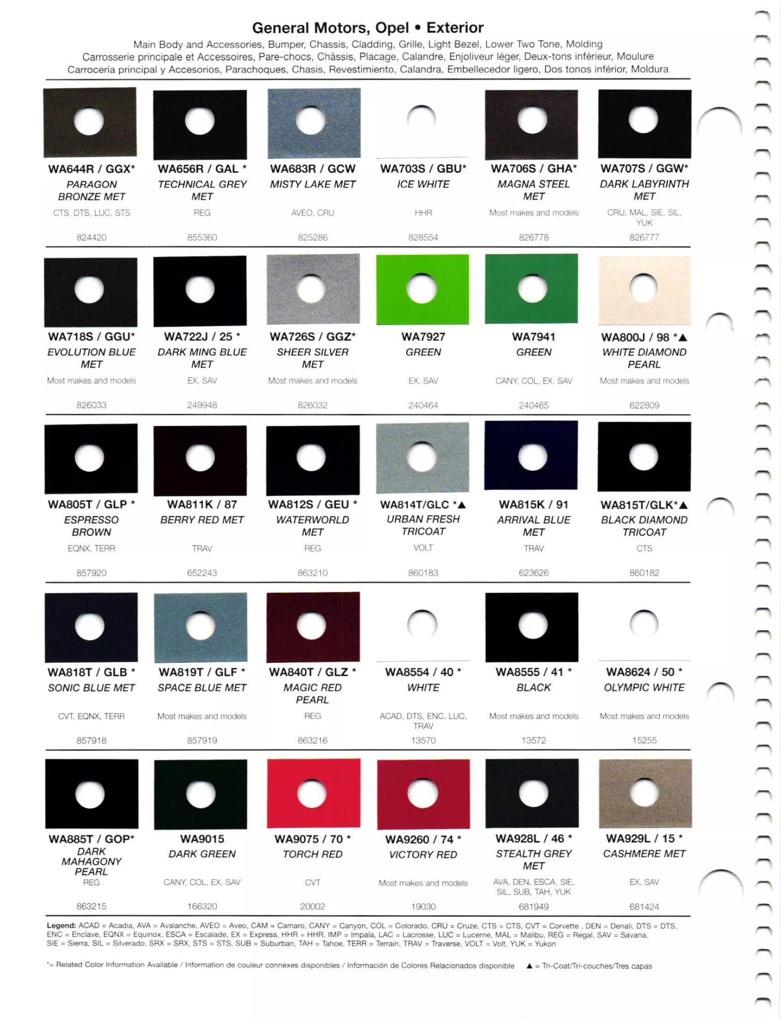 2011 General Motors - Buick, Chevrolet, Cadillac, GMC, & Opel Paint Codes & Color Chart Paint codes, and their ordering stock numbers for their color on 2011 vehicles