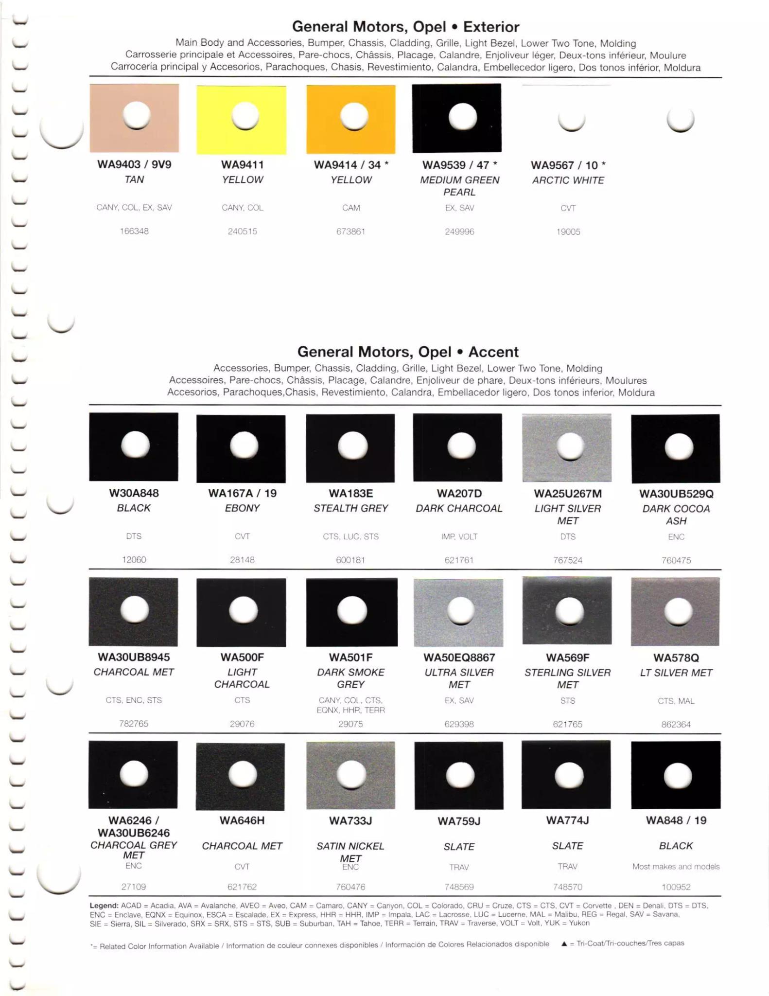 2011 General Motors - Buick, Chevrolet, Cadillac, GMC, & Opel Paint Codes & Color Chart Paint codes, and their ordering stock numbers for their color on 2011 vehicles