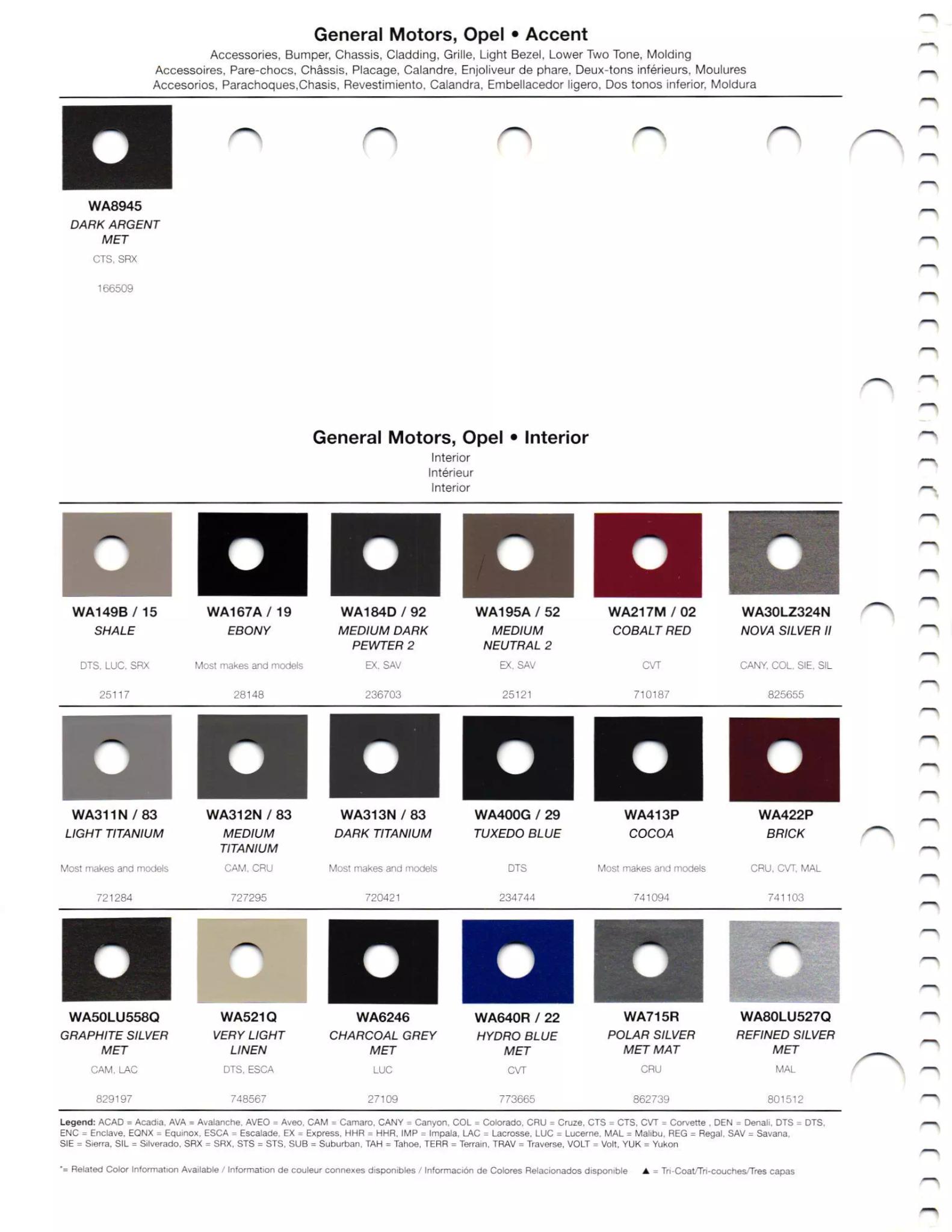 2011 General Motors - Buick, Chevrolet, Cadillac, GMC, & Opel Paint Codes & Color Chart Paint codes, and their ordering stock numbers for their color on 2011 vehicles