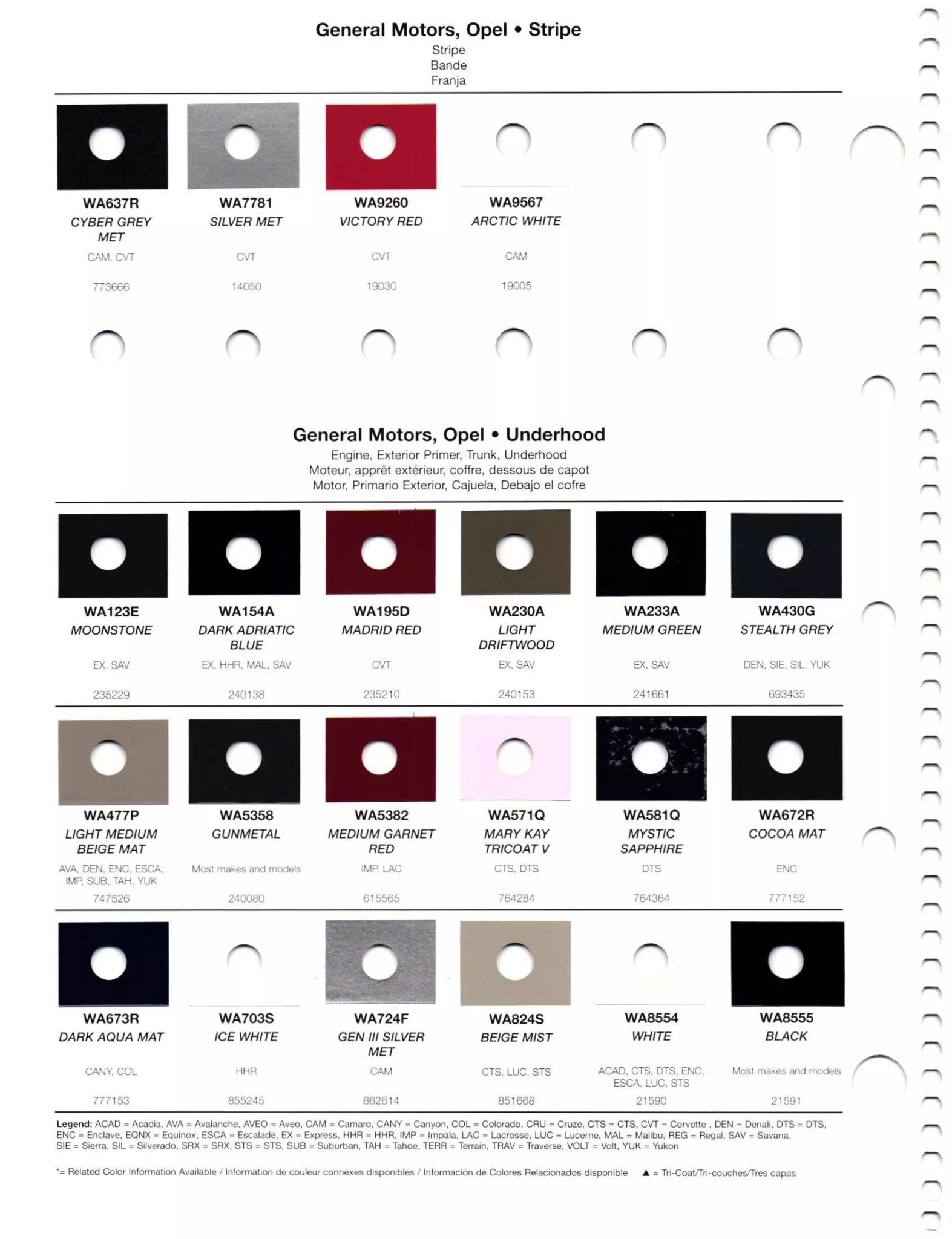 2011 General Motors - Buick, Chevrolet, Cadillac, GMC, & Opel Paint Codes & Color Chart Paint codes, and their ordering stock numbers for their color on 2011 vehicles
