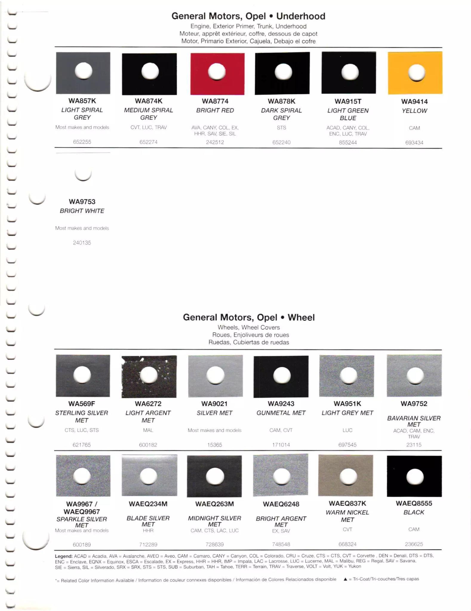 2011 General Motors - Buick, Chevrolet, Cadillac, GMC, & Opel Paint Codes & Color Chart Paint codes, and their ordering stock numbers for their color on 2011 vehicles