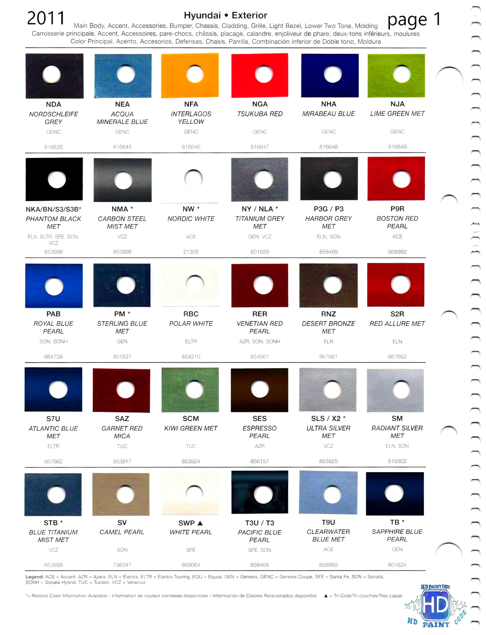 2011 Hyundai Paint Codes and Color Chart Page 1 car color swatches of the paint code they represent