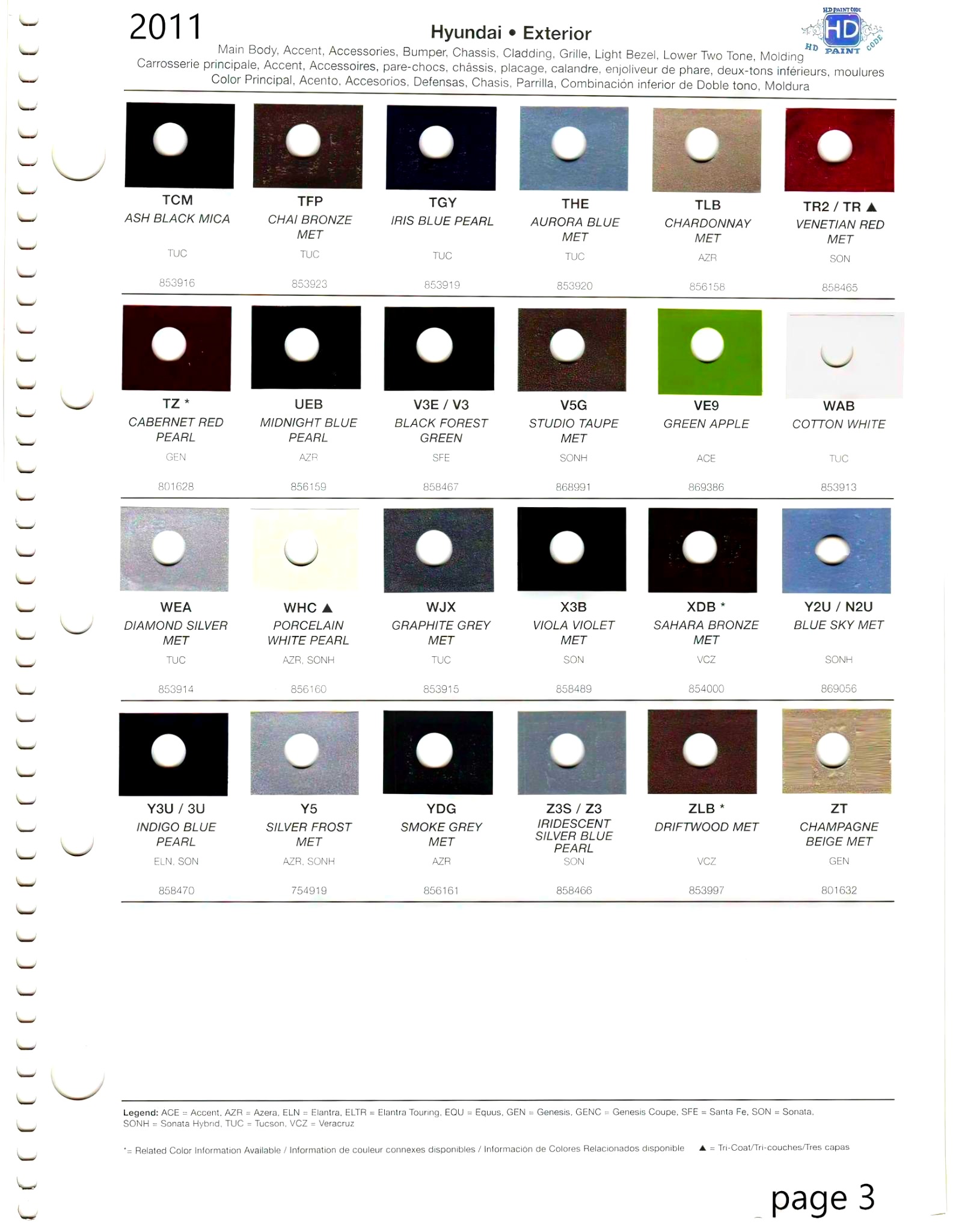 2011 Hyundai Paint Codes and Color Chart Page 3 car color swatches of the paint code they represent..
