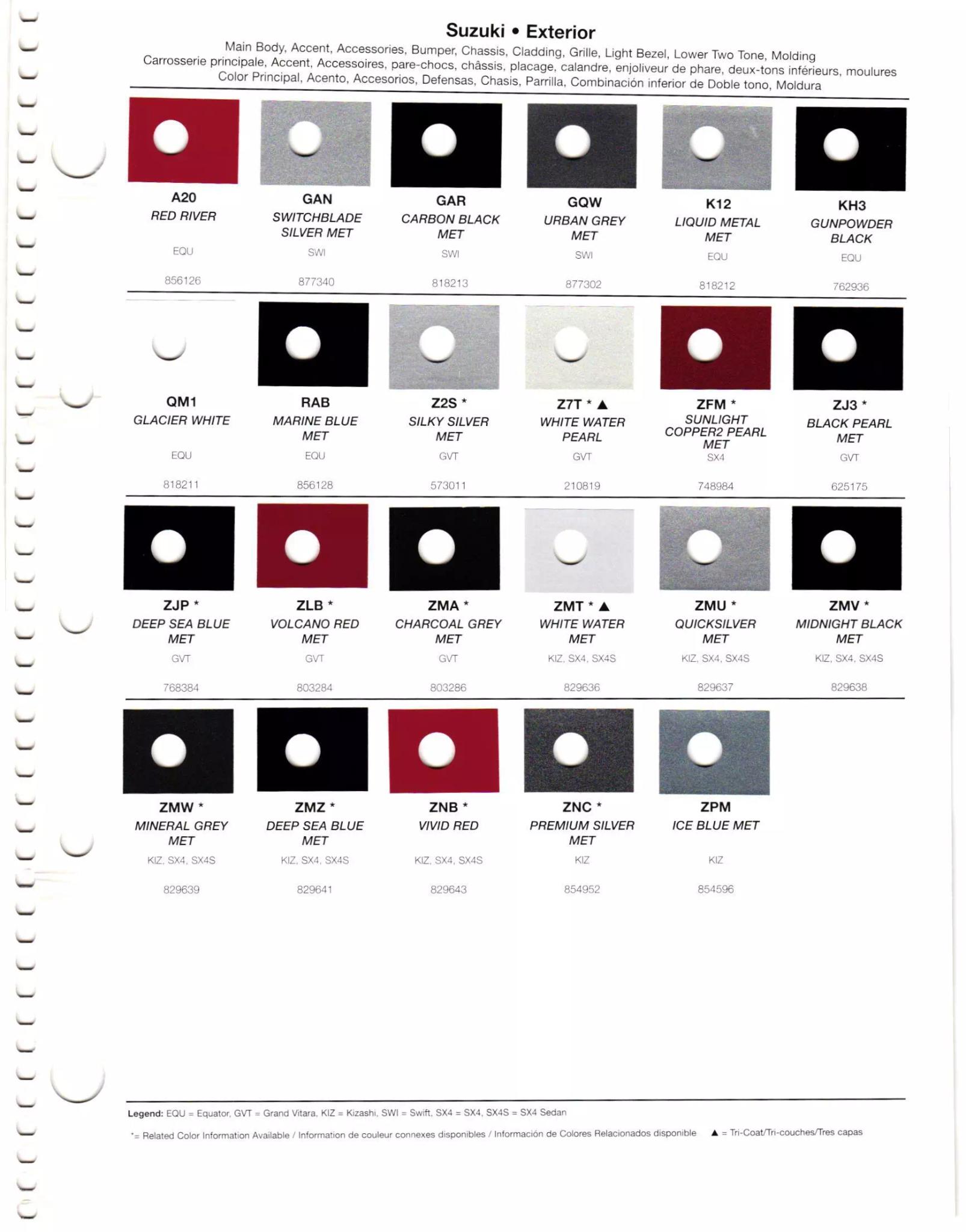 2011 Suzuki Paint Codes & Color Chart Paint codes, and their ordering stock numbers for their color on 2011 vehicles
