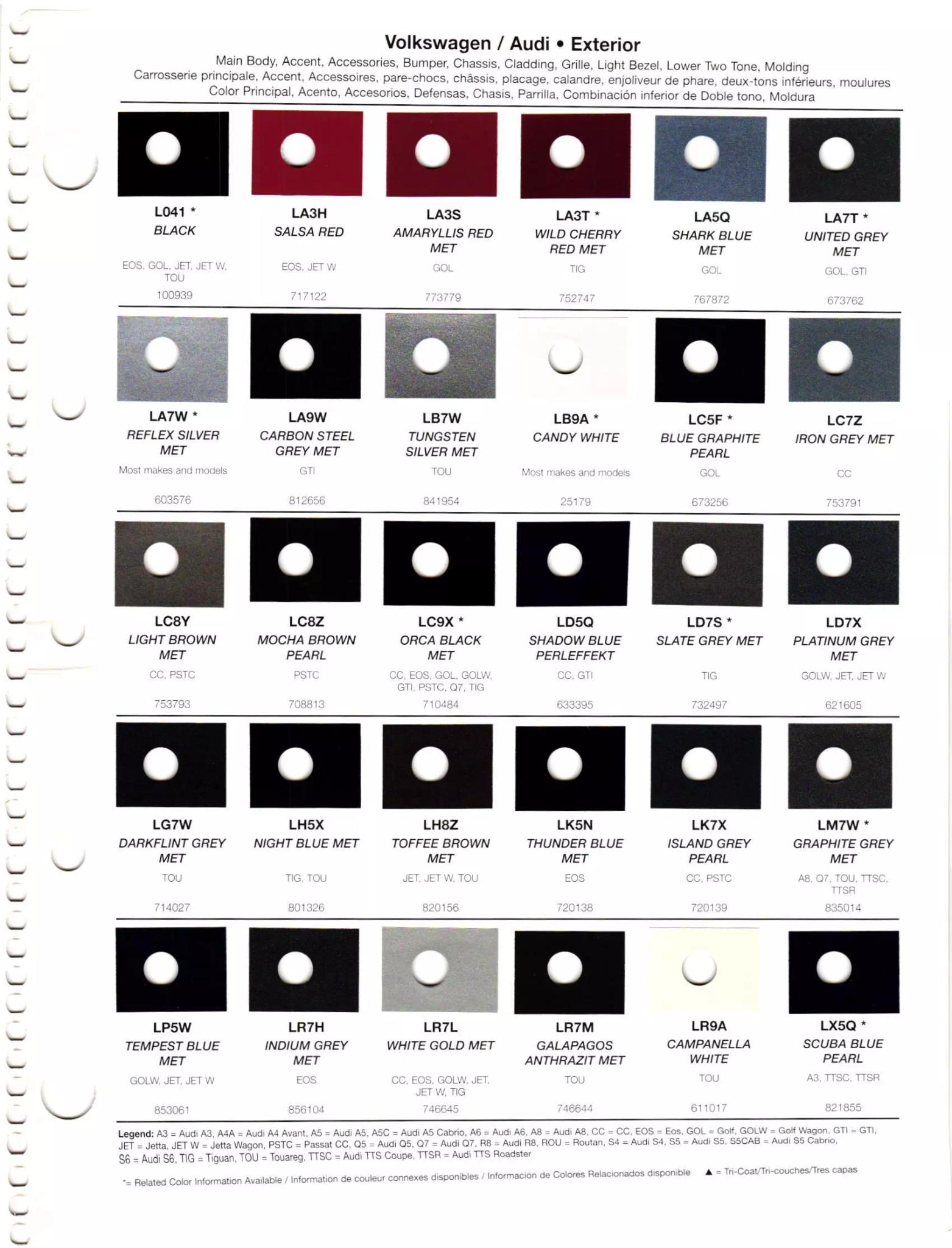 2011 Volkswagen & Audi Paint Codes & Color Chart Paint codes, and their ordering stock numbers for their color on 2011 vehicles