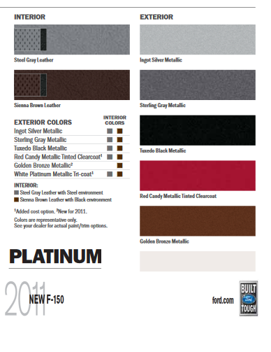 2011 Ford F-150 Paint Colors Color swatches, and color names used on Ford F-150 Vehicles