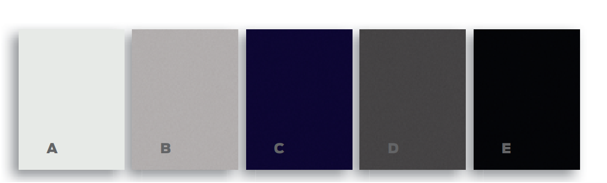 A Oxford White B Ingot Silver Metallic C Kona Blue Metallic D Sterling Gray Metallic E Tuxedo Black Metallic 2012 Ford Focus S paint chart
