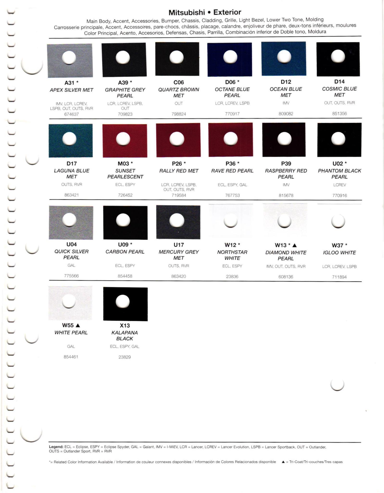 a paint code chart showing 2012 mitsubishi vehicles paint codes color names and swatches.