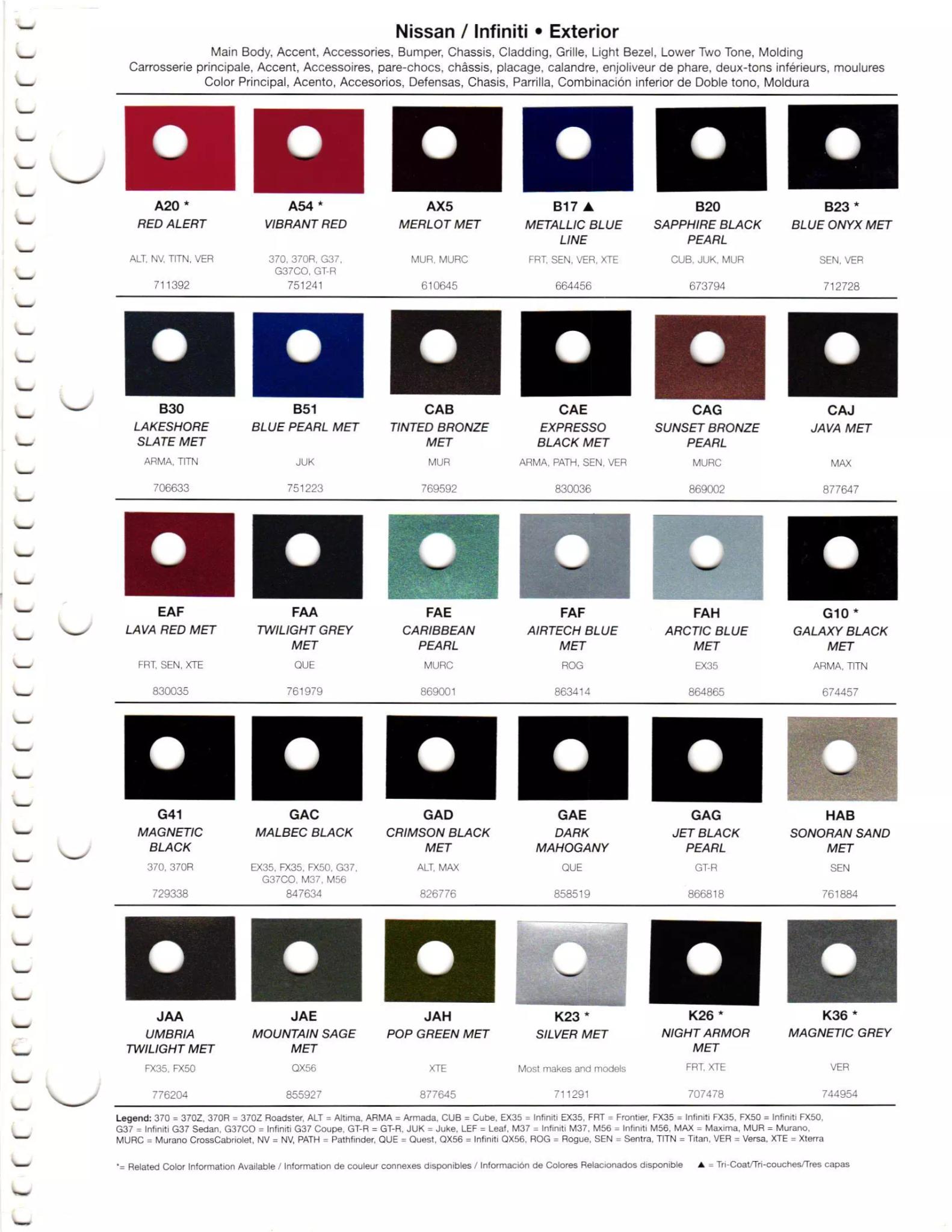 2012 Nissan & Infiniti Paint Codes and Color Chart Page 1