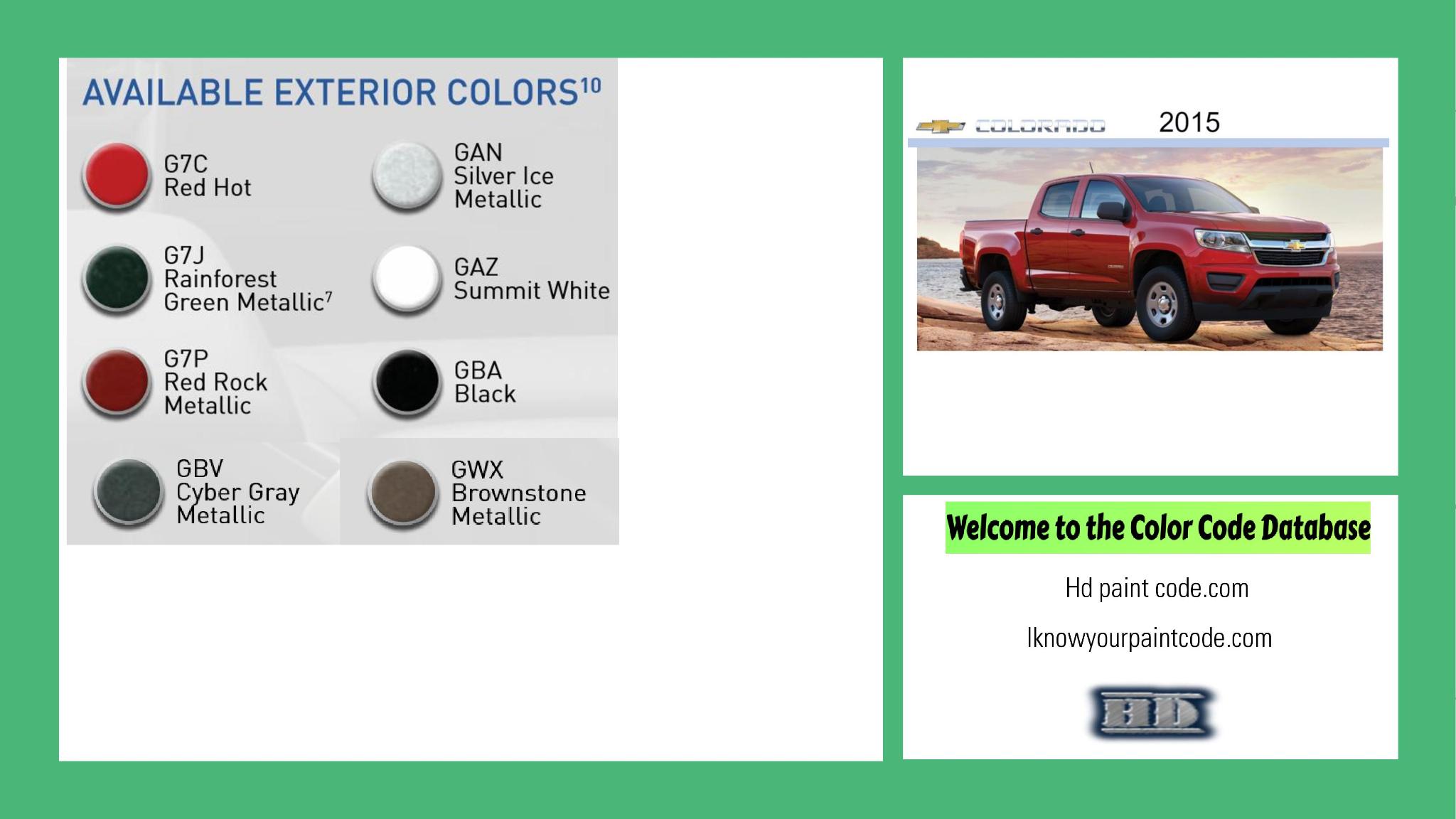 2015 Chevrolet Colorado Paint Codes and Color Chart paint codes, paint swatches and vehicle example of the 2015 GM vehicle