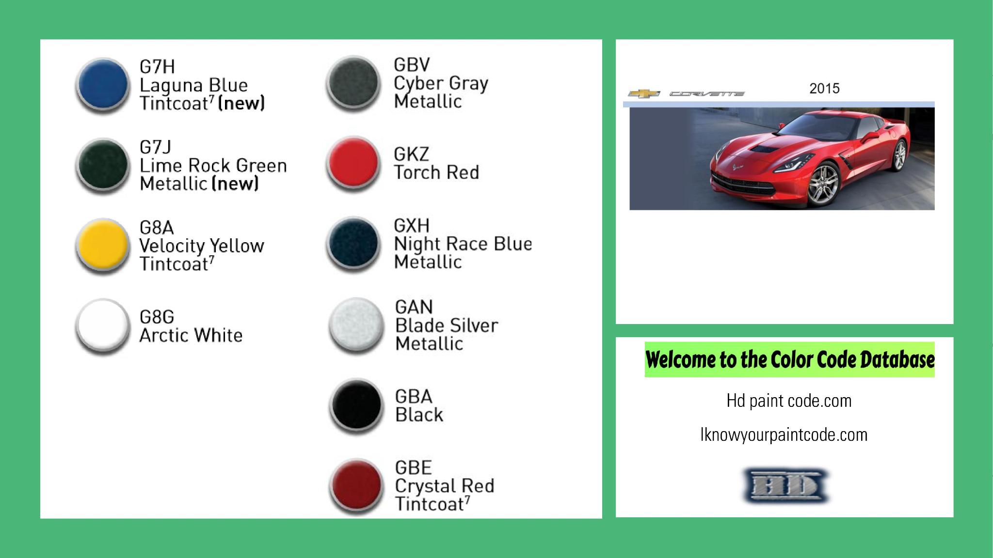 2015 Chevrolet Corvette Paint Codes and Color Chart paint codes, paint swatches and vehicle example of the 2015 GM vehicle