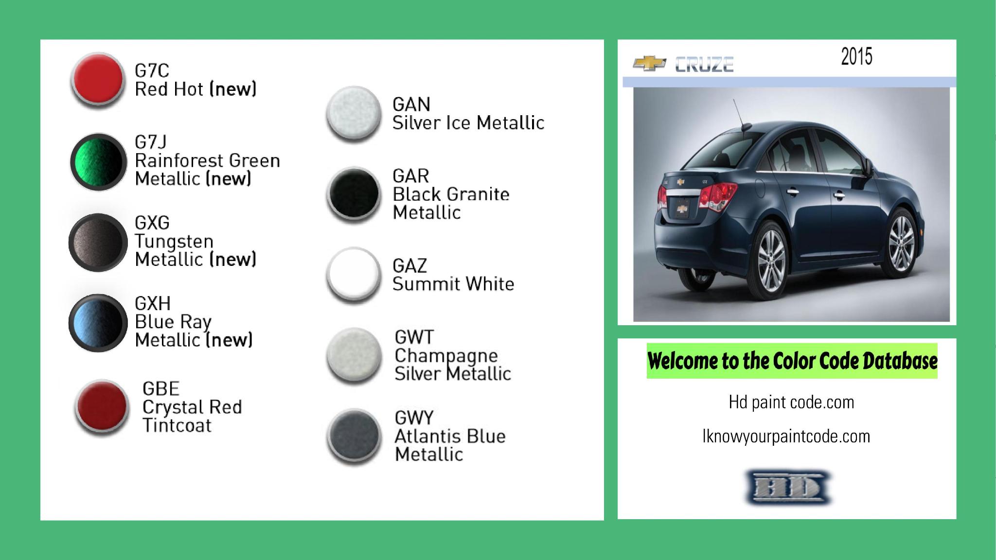 2015 Chevrolet Cruze Paint Codes and Color Chart paint codes, paint swatches and vehicle example of the 2015 GM vehicle