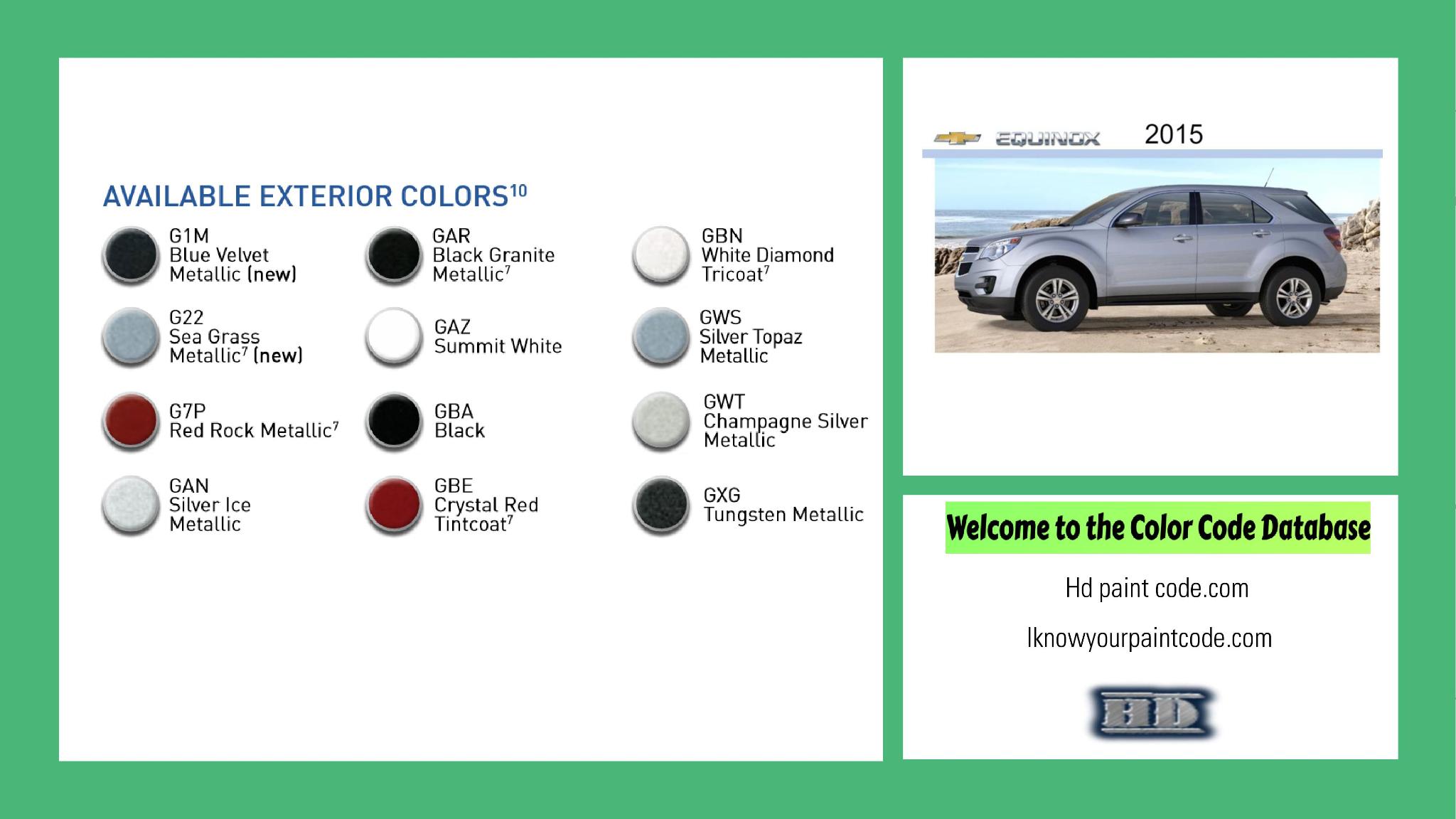 2015 Chevrolet Equinox Paint Codes and Color Chart paint codes, paint swatches and vehicle example of the 2015 GM vehicle
