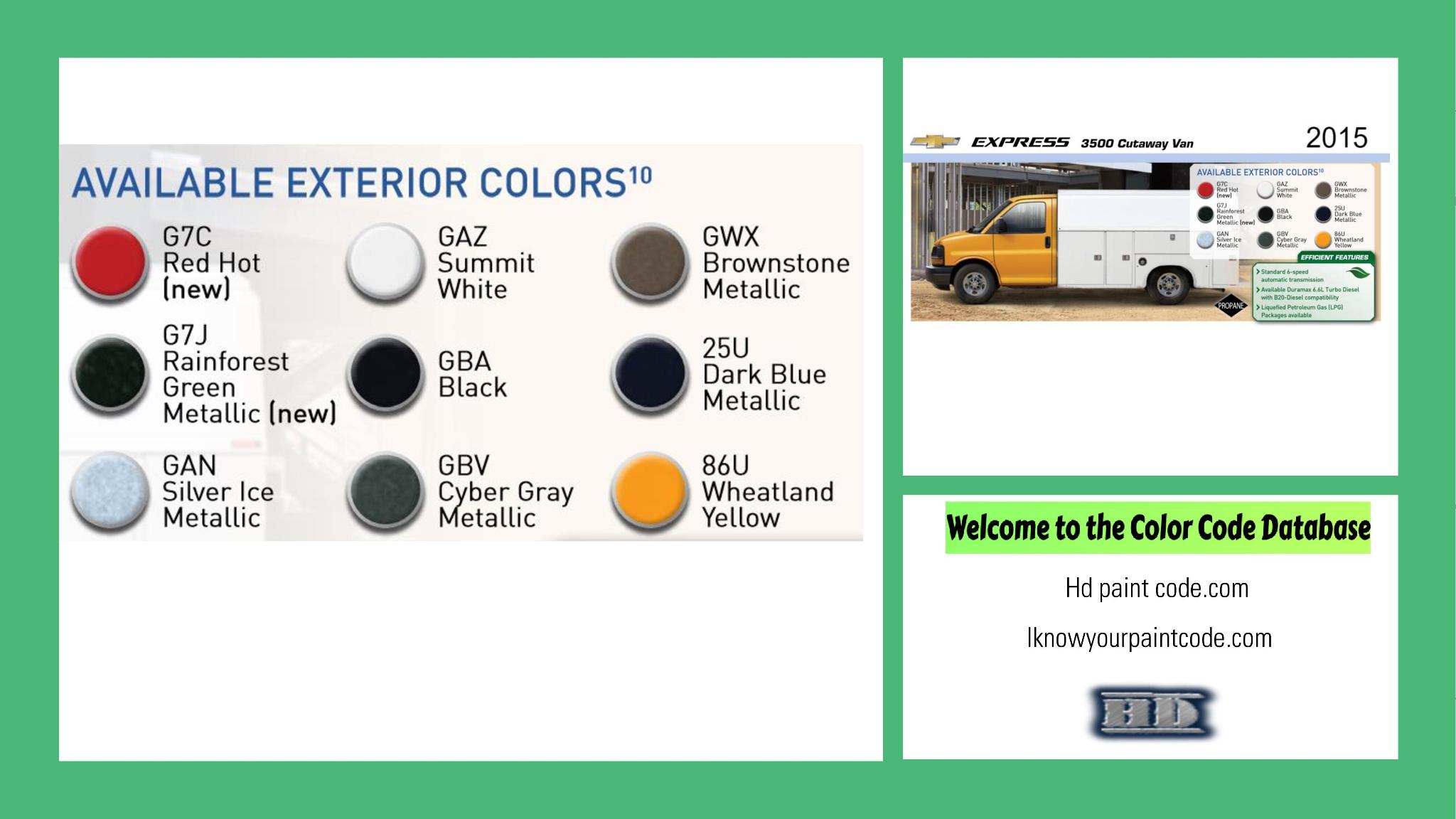 2015 Chevrolet Express 3500 Cutaway Van Paint Codes and Color Chart paint codes, paint swatches and vehicle example of the 2015 GM vehicle