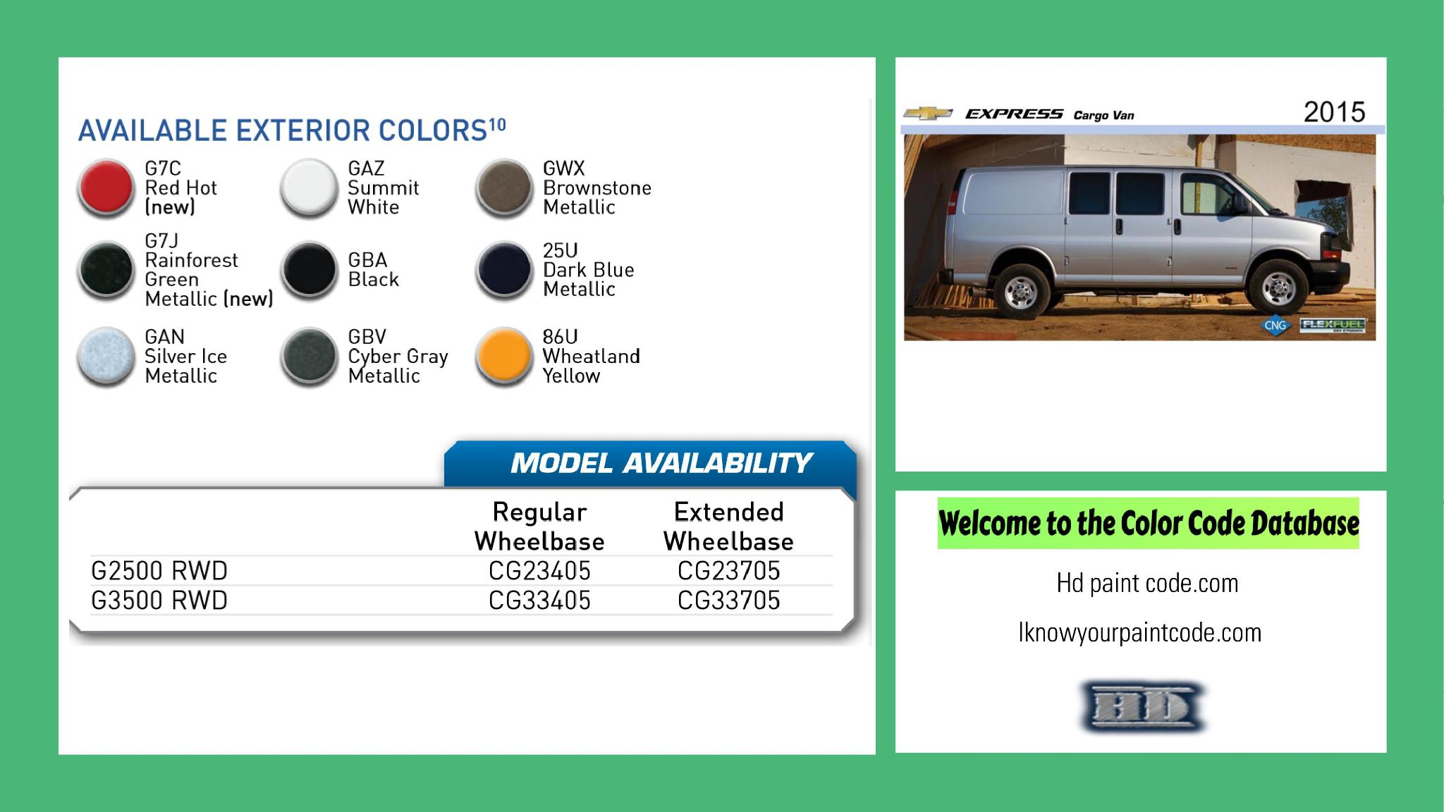 2015 Chevrolet Express Cargo Van Paint Codes and Color Chart paint codes, paint swatches and vehicle example of the 2015 GM vehicle