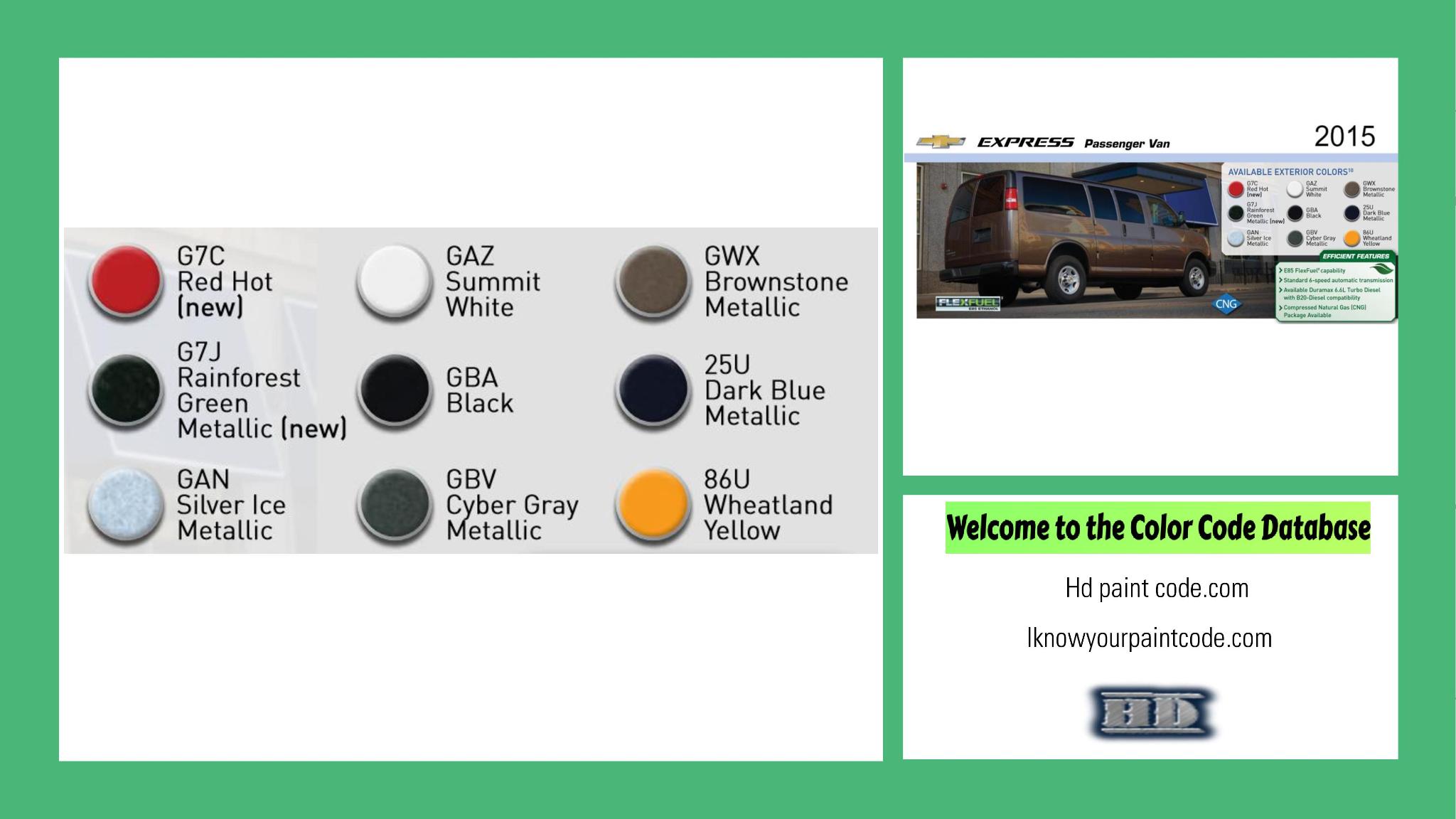 2015 Chevrolet Express Passenger Van Paint Codes and Color Chart paint codes, paint swatches and vehicle example of the 2015 GM vehicle
