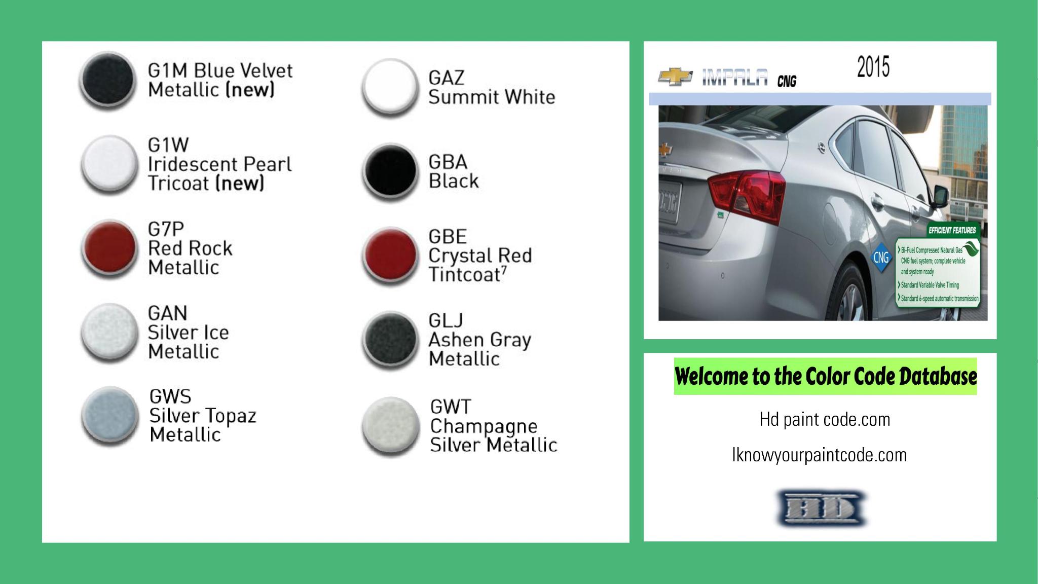 2015 Chevrolet Impala Paint Codes and Color Chart paint codes, paint swatches and vehicle example of the 2015 GM vehicle