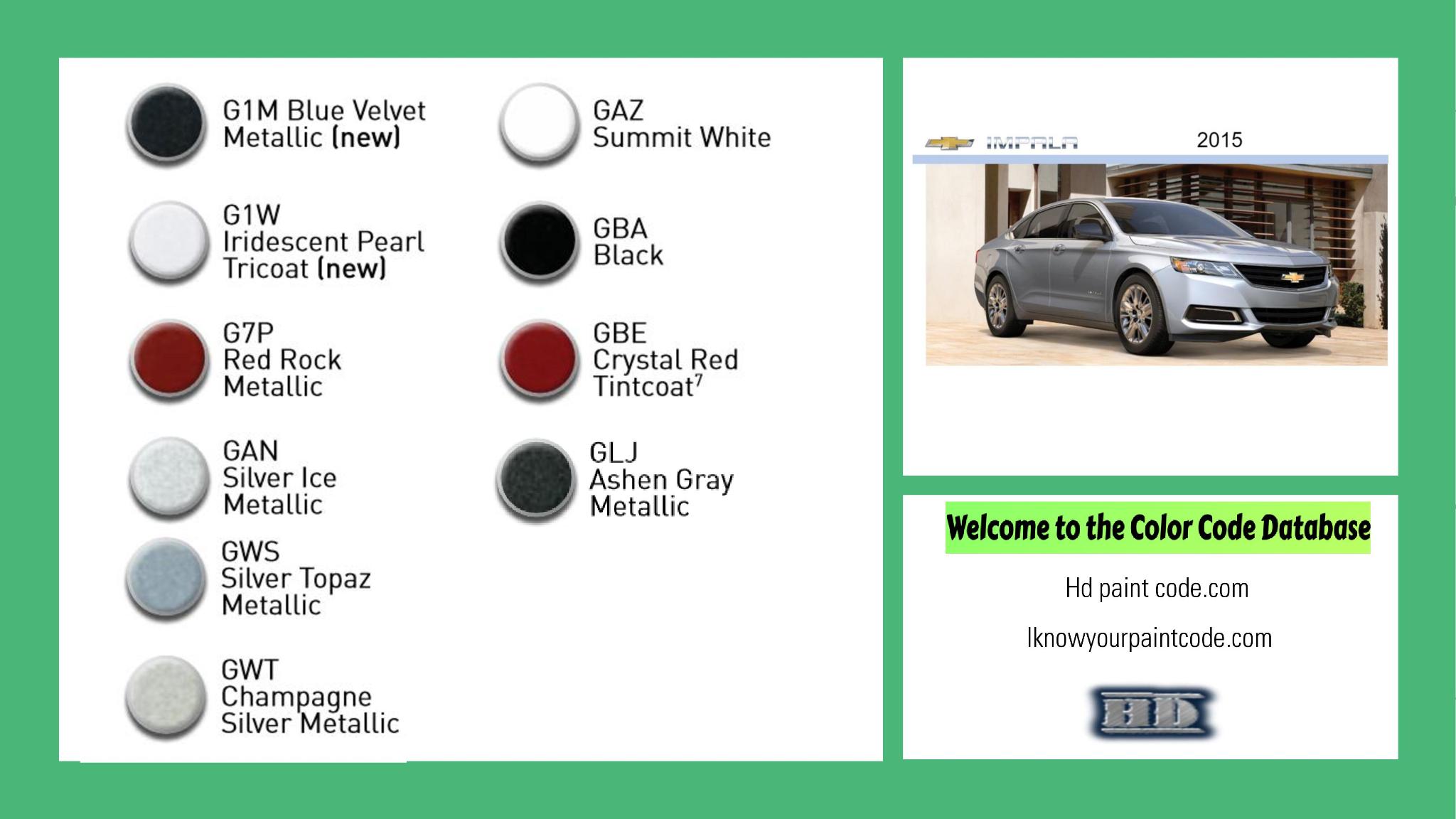 2015 Chevrolet Impala Paint Codes and Color Chart paint codes, paint swatches and vehicle example of the 2015 GM vehicle