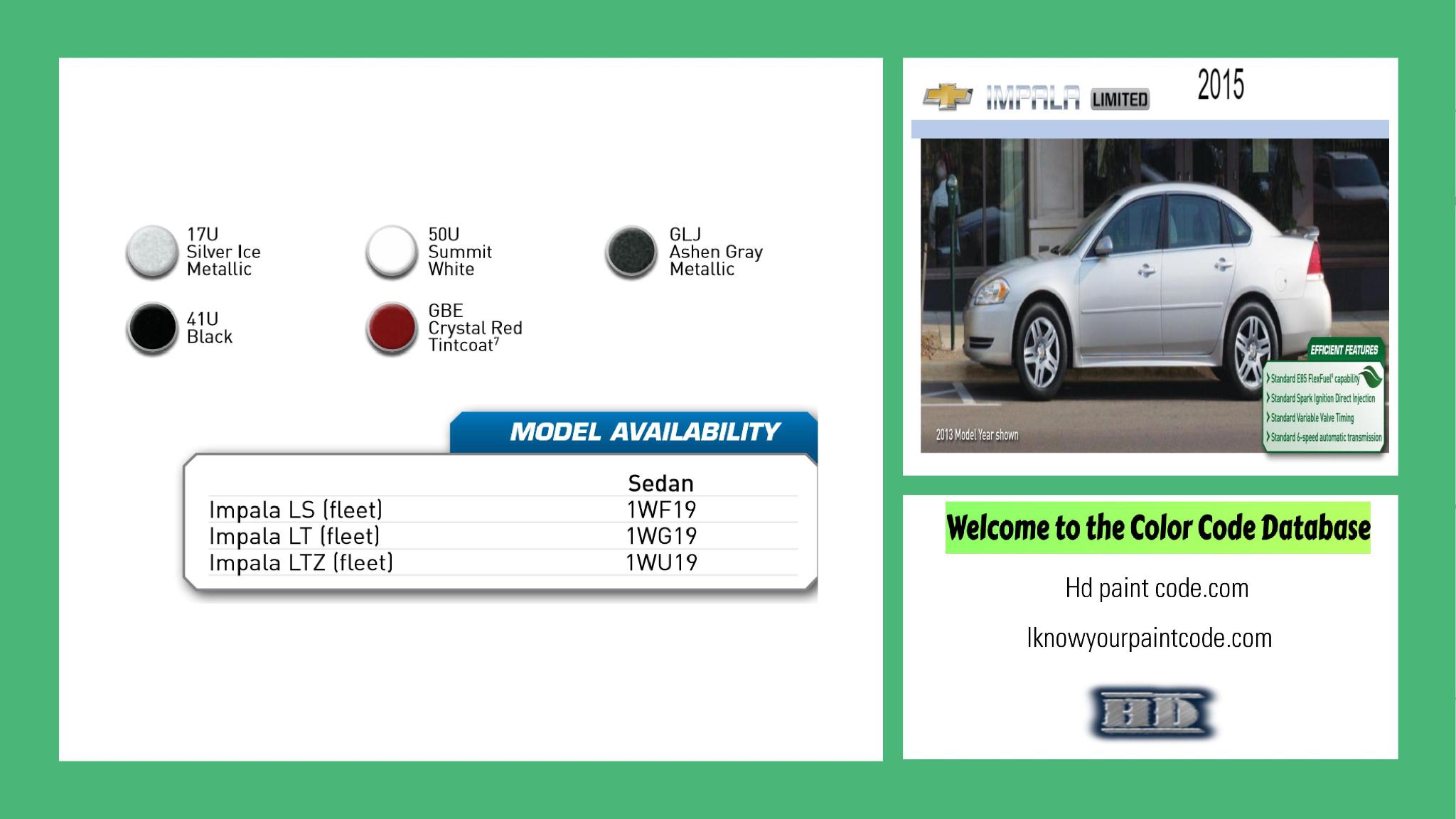 2015 Chevrolet Impala Limited Paint Codes and Color Chart paint codes, paint swatches and vehicle example of the 2015 GM vehicle
