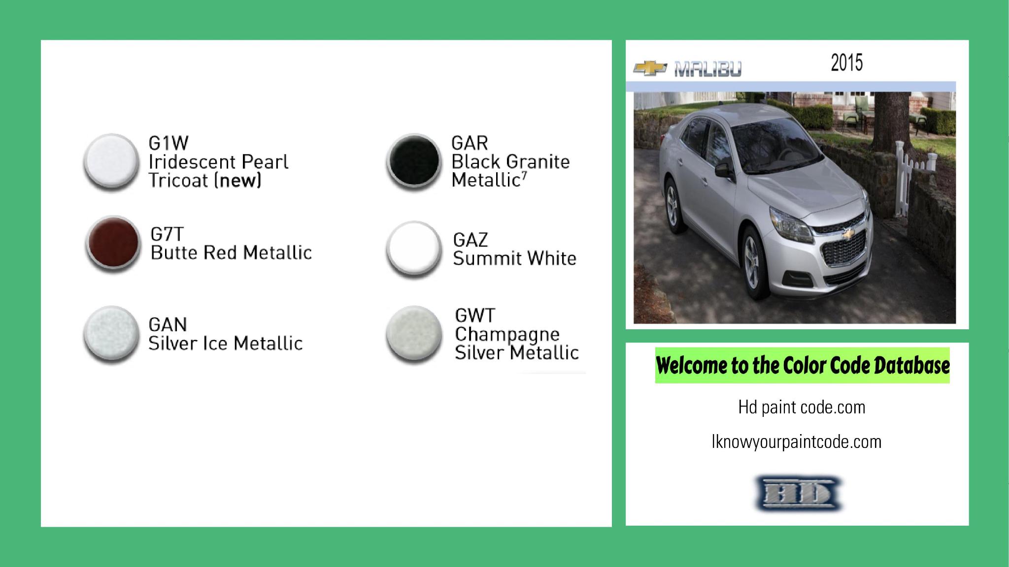2015 Chevrolet Malibu Paint Codes and Color Chart paint codes, paint swatches and vehicle example of the 2015 GM vehicle