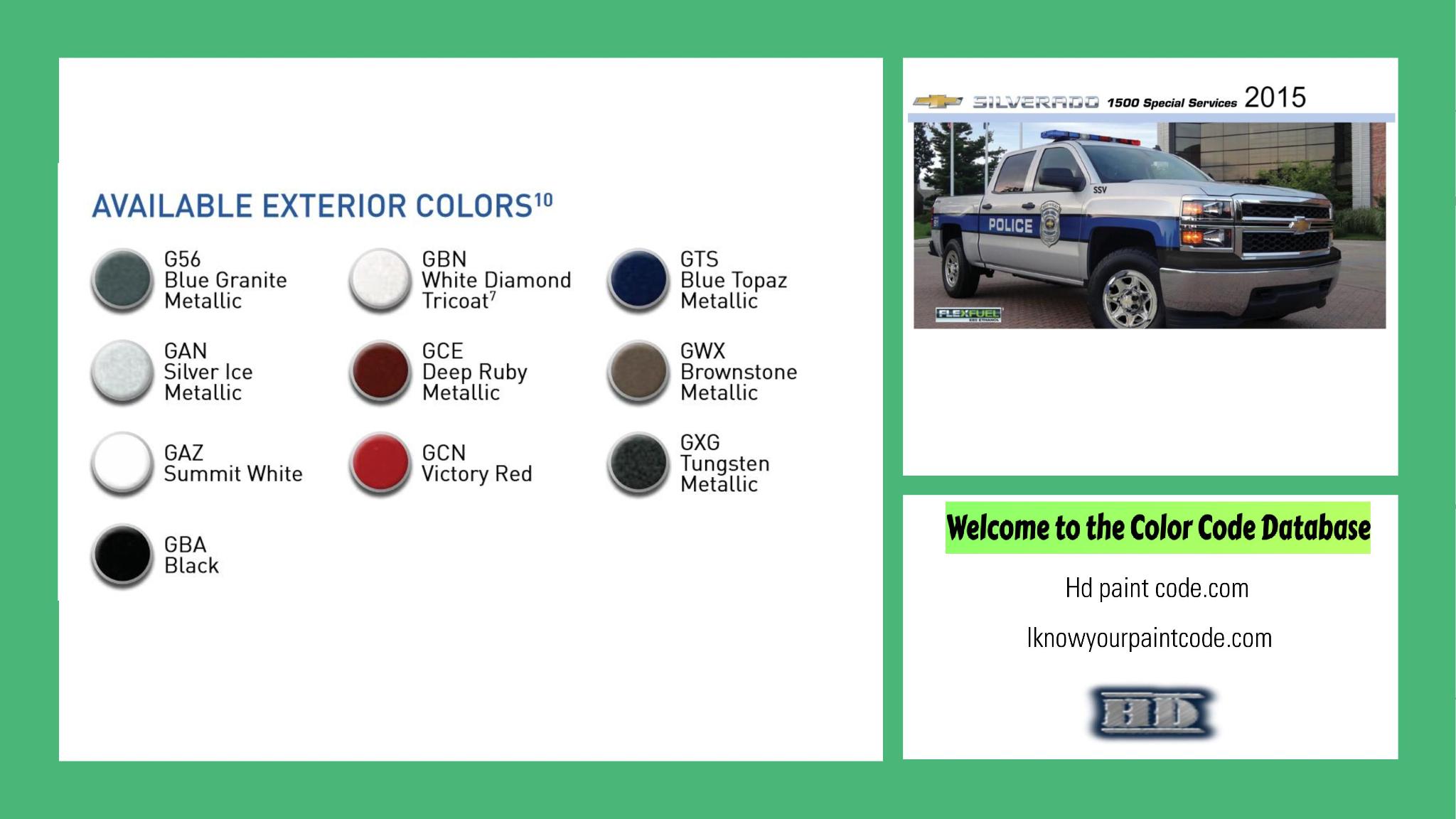 2015 Chevrolet Silverado 1500 SSV paint codes, paint swatches and vehicle example of the 2015 GM vehicle