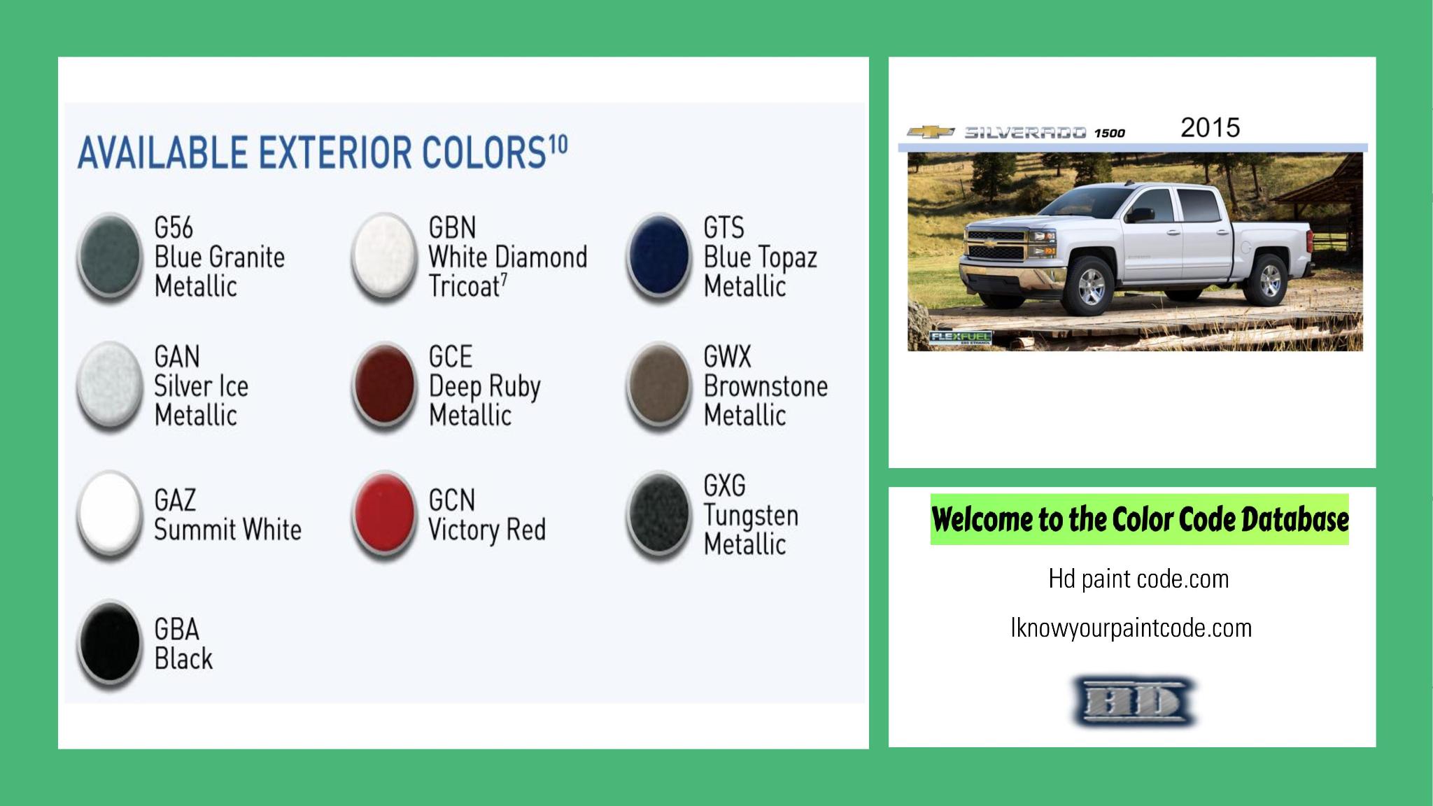 2015 Chevrolet Silverado 1500 Paint Codes and Color Chart paint codes, paint swatches and vehicle example of the 2015 GM vehicle