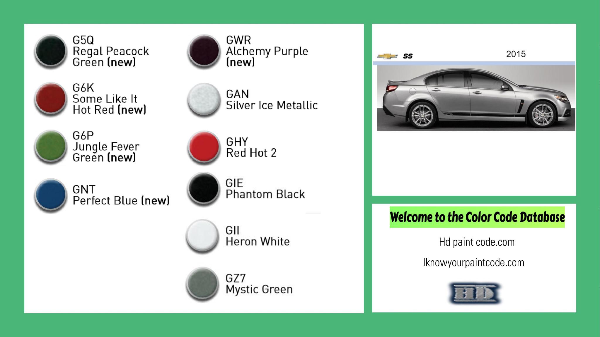 2015 Chevrolet SS Paint Codes and Color Chart paint codes, paint swatches and vehicle example of the 2015 GM vehicle