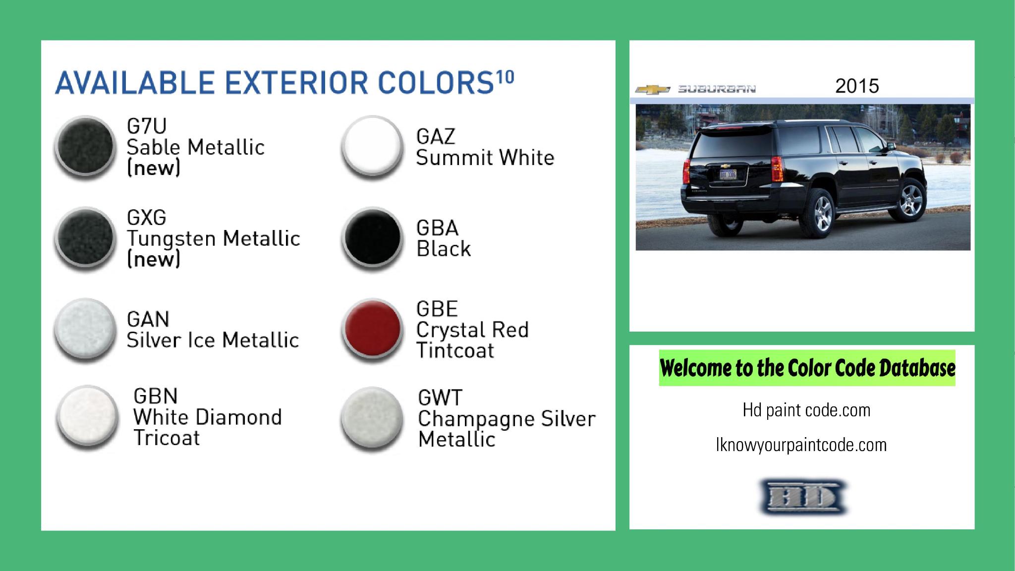 2015 Chevrolet Suburban Paint Codes and Color Chart paint codes, paint swatches and vehicle example of the 2015 GM vehicle
