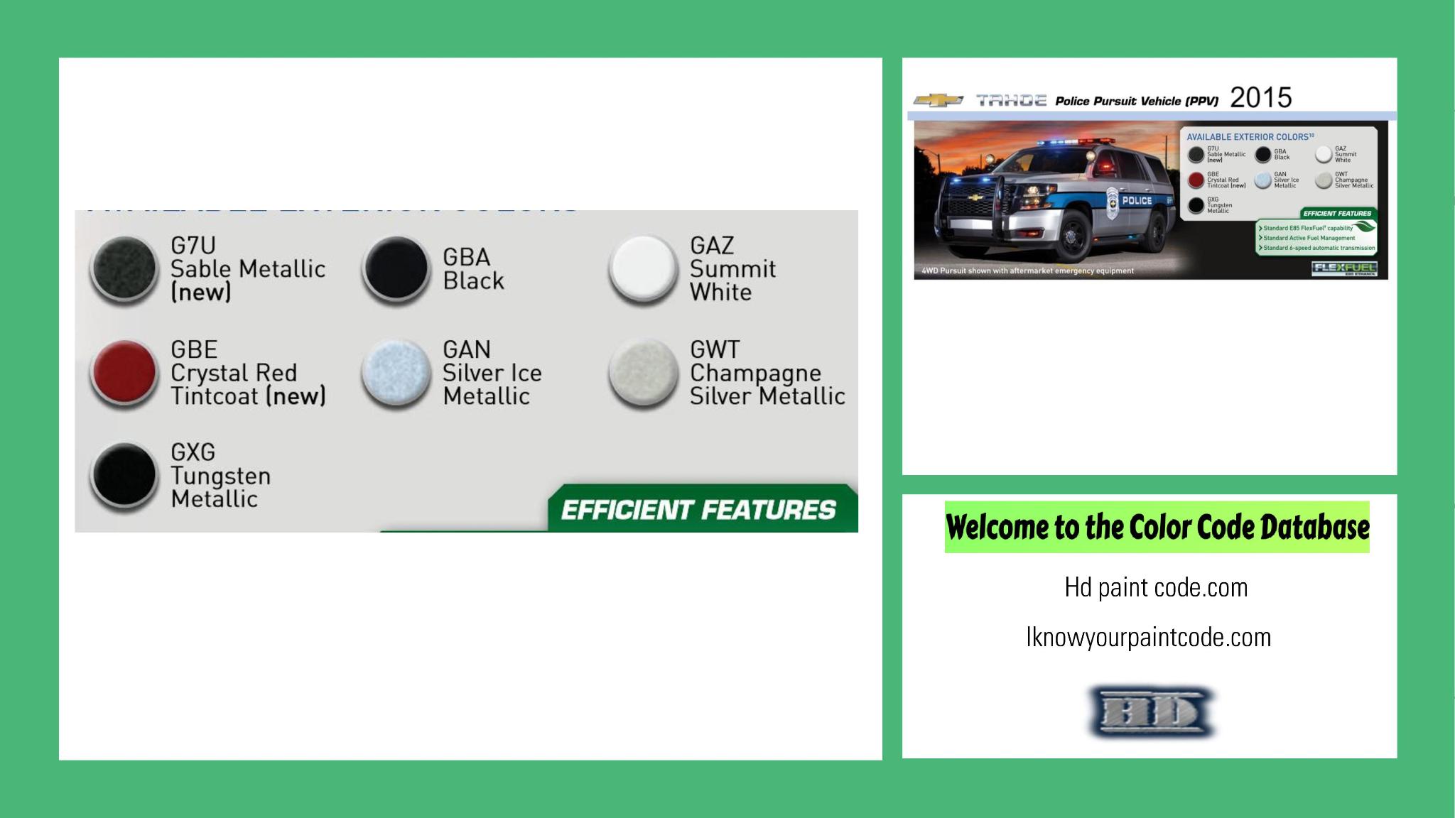 2015 Chevrolet Tahoe Police Vehicle Paint Codes and Color Chart paint codes, paint swatches and vehicle example of the 2015 GM vehicle