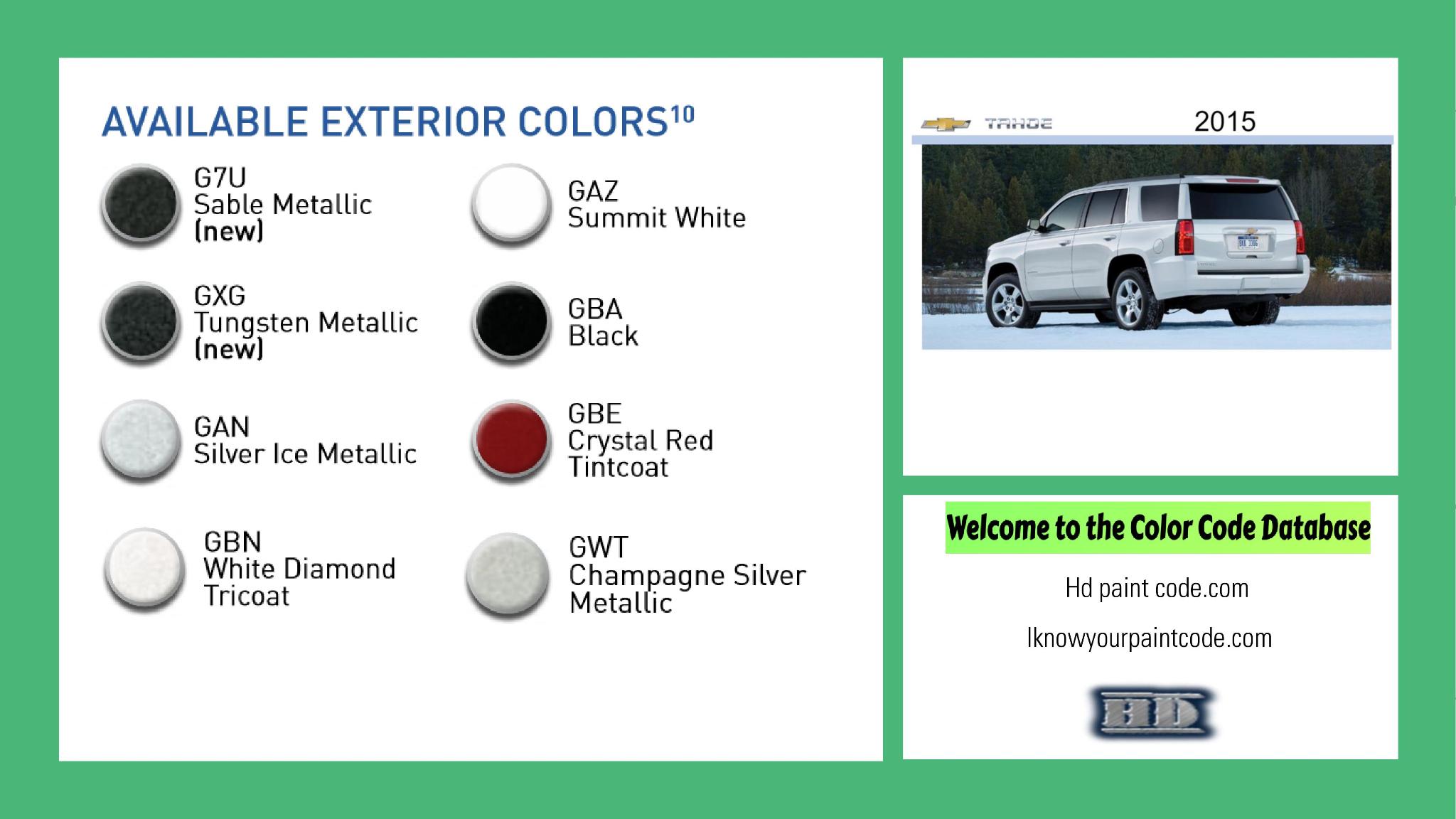 2015 Chevrolet Tahoe Paint Codes and Color Chart paint codes, paint swatches and vehicle example of the 2015 GM vehicle