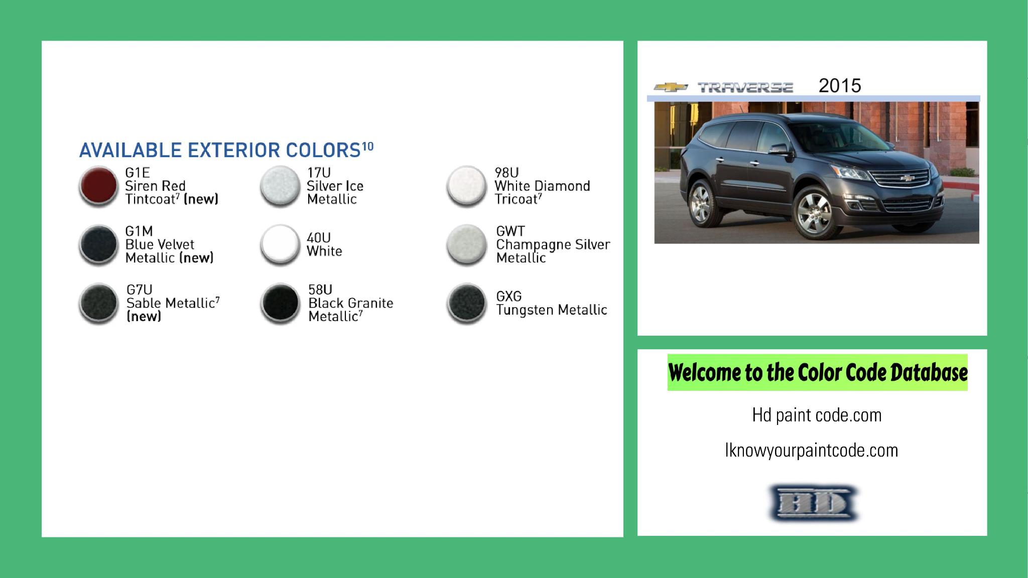 2015 Chevrolet Traverse Paint Codes and Color Chart paint codes, paint swatches and vehicle example of the 2015 GM vehicle