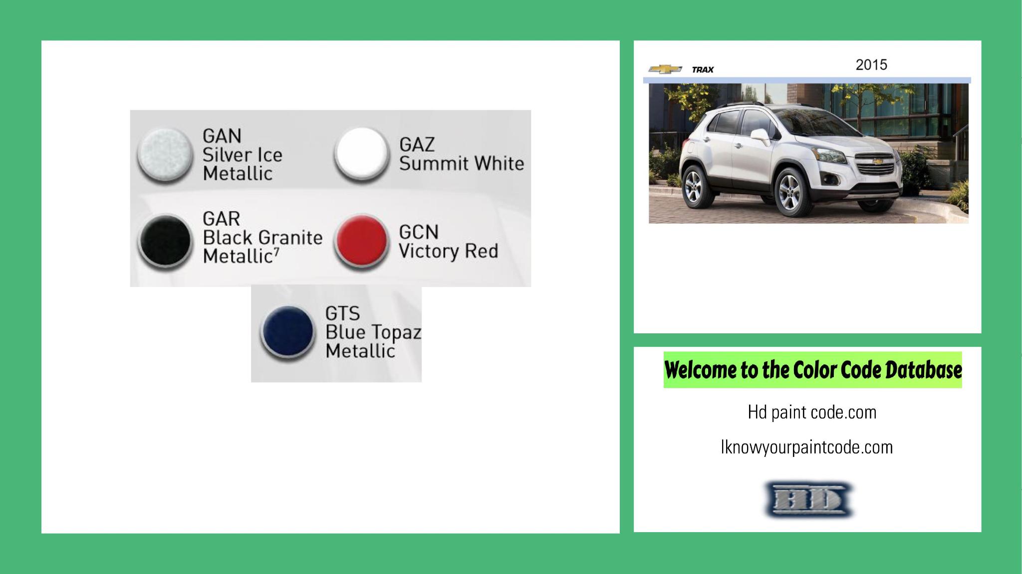 2015 Chevrolet Trax Paint Codes and Color Chart paint codes, paint swatches and vehicle example of the 2015 GM vehicle