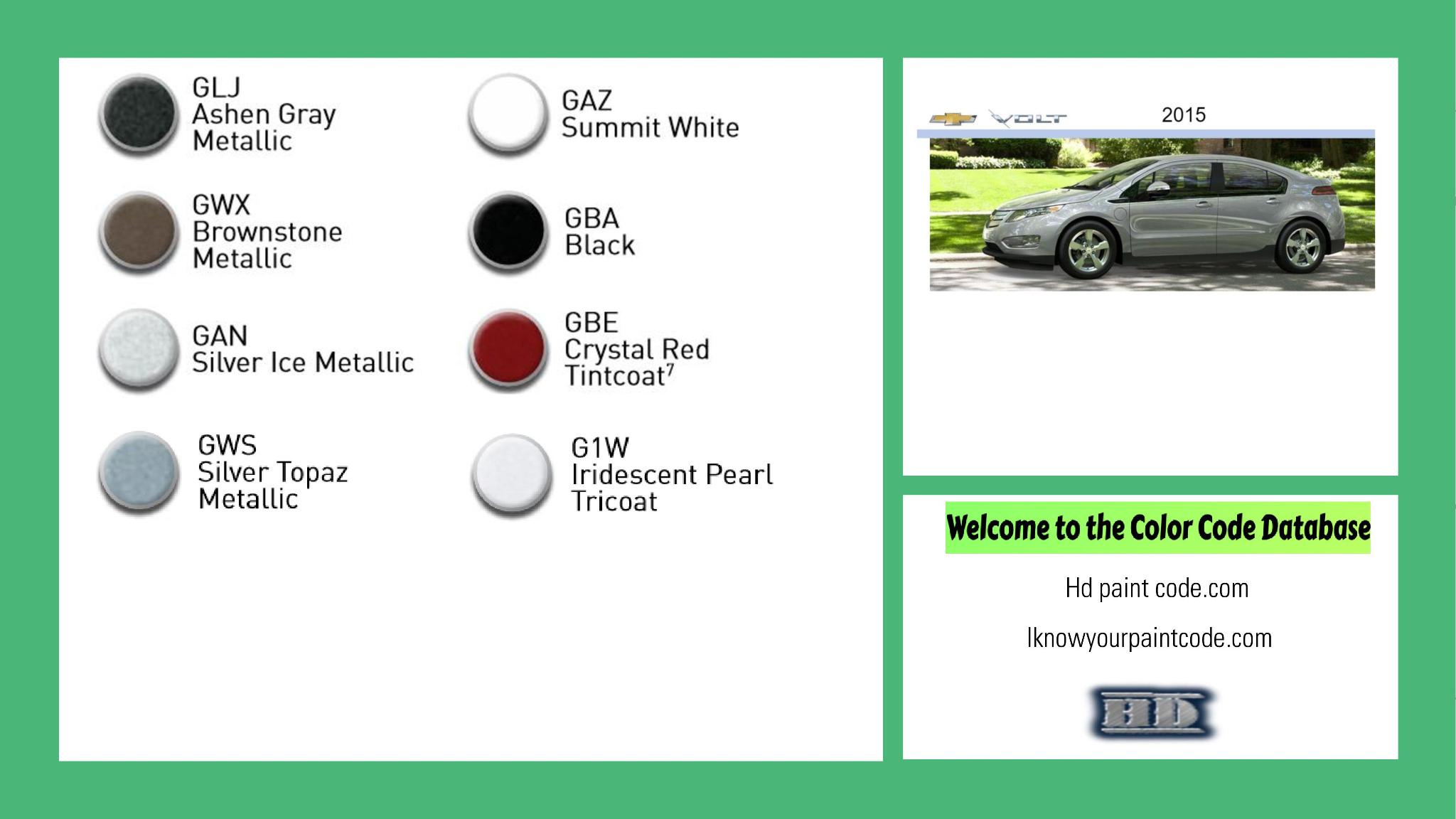 2015 Chevrolet Volt Paint Codes and Color Chart paint codes, paint swatches and vehicle example of the 2015 GM vehicle