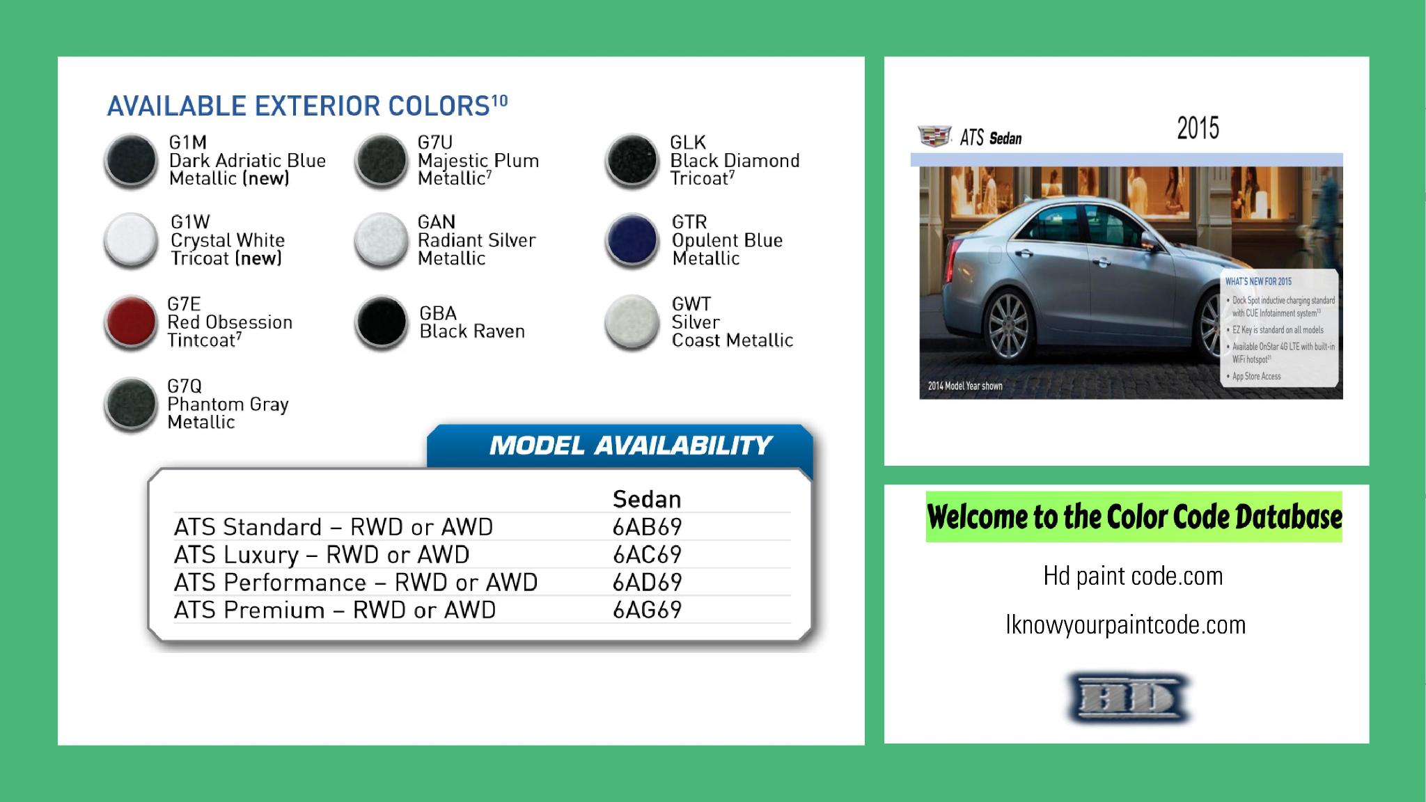 2015 Cadillac ATS Sedan Paint Codes and Color Chart paint codes, paint swatches and vehicle example of the 2015 GM vehicle