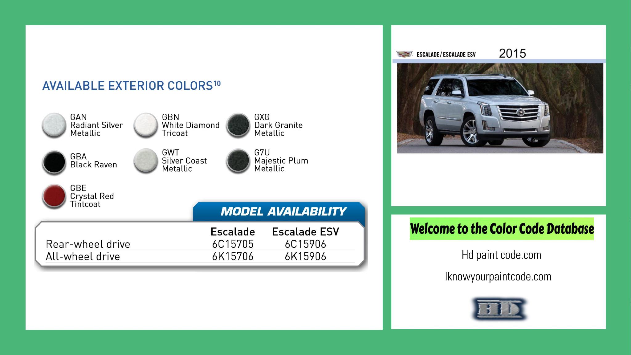 2015 Cadillac Escalade Paint Codes and Color Chart paint codes, paint swatches and vehicle example of the 2015 GM vehicle