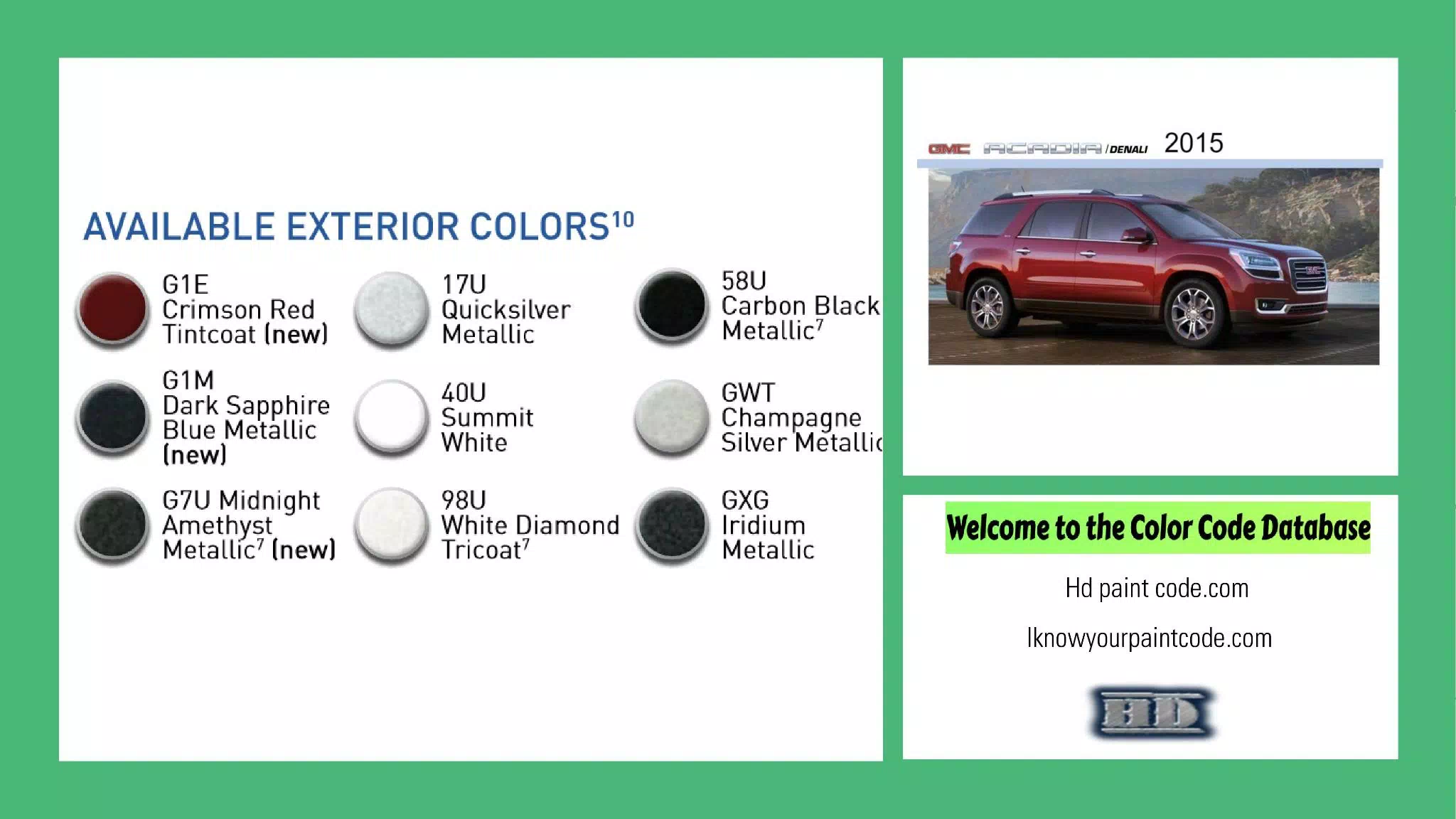 2015 GMC Acadia Paint Codes & Color Chart exterior colors and chips for the 2015 gmc acadia vehicle