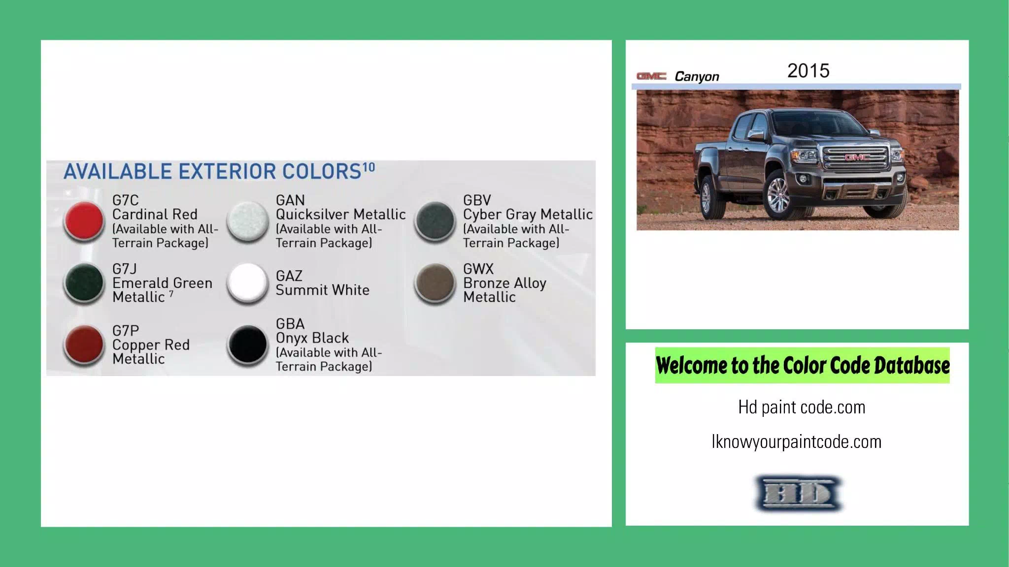 2015 GMC Canyon Paint Codes & Color Chart exterior colors and chips for the 2015 gmc canyon vehicle