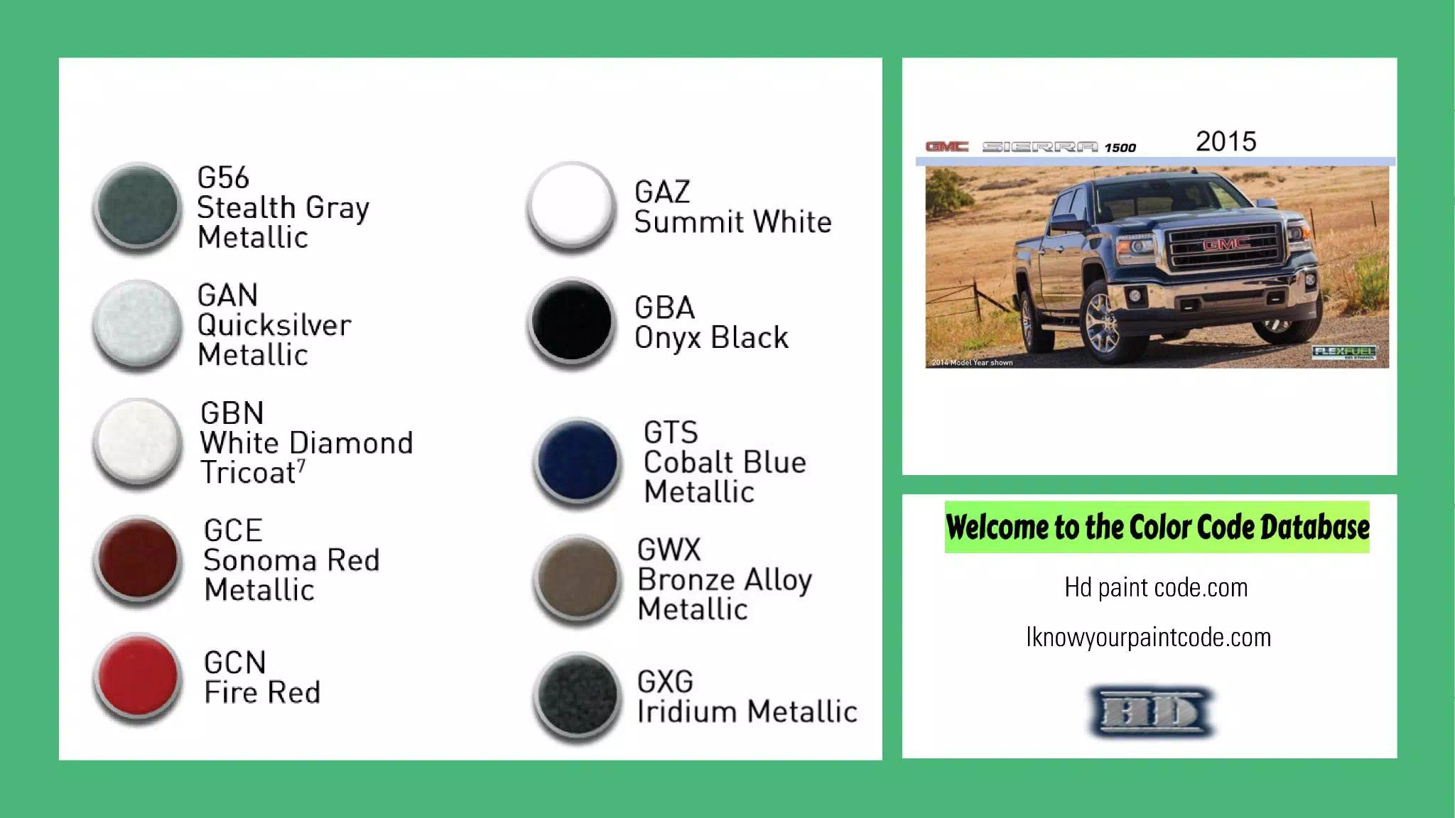 2015 GMC Sierra 1500 Paint Codes & Color Chart exterior colors and chips for the 2015 gmc sierra vehicle