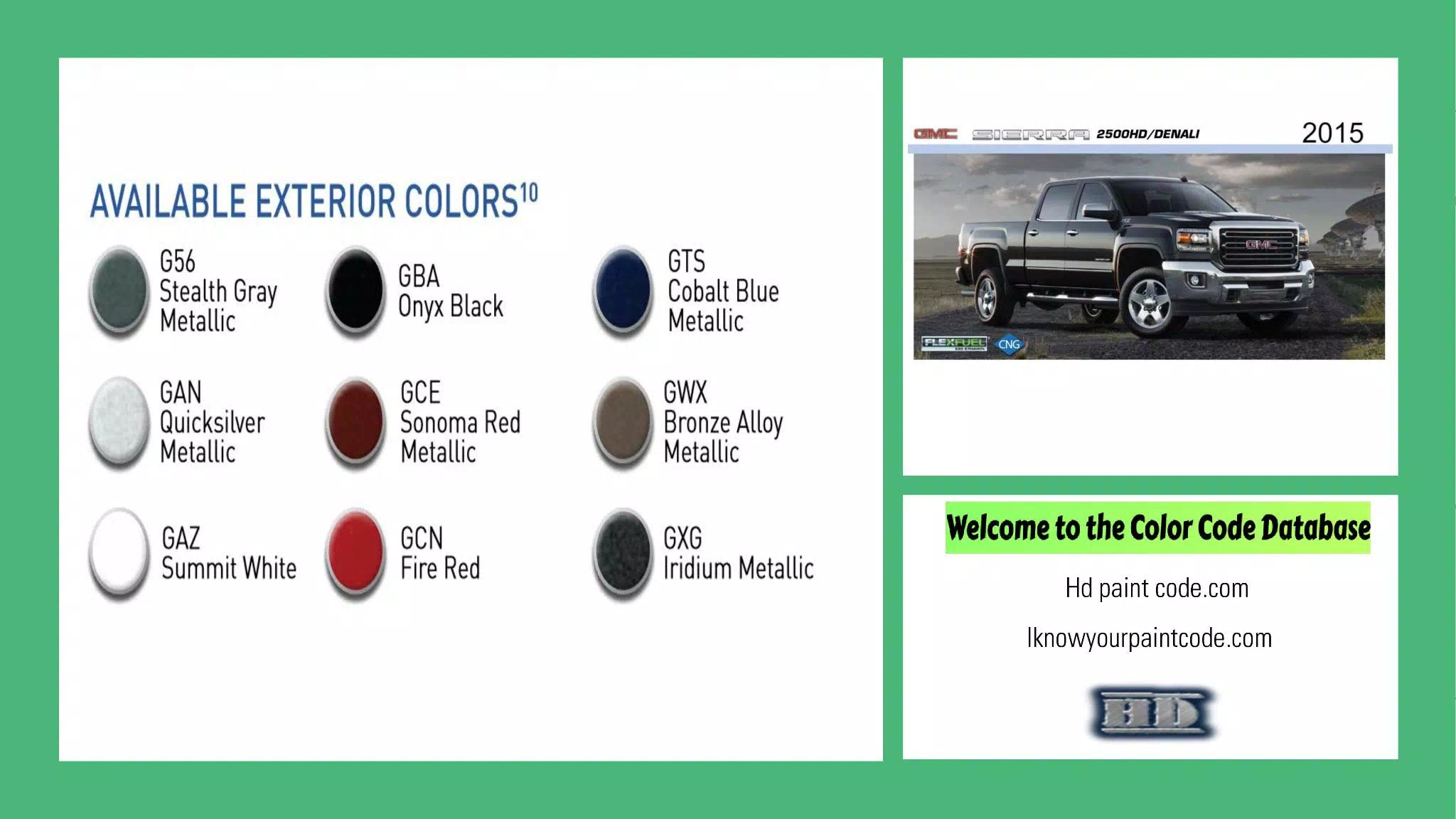 2015 GMC Sierra 2500HD Paint Codes & Color Chart exterior colors and chips for the 2015 gmc sierra vehicle