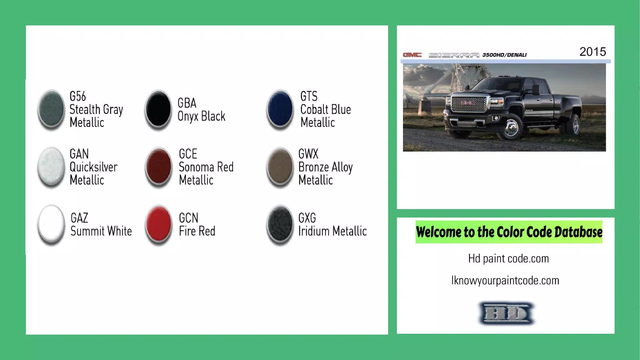 2015 GMC Sierra 3500HD Paint Codes & Color Chart exterior colors and chips for the 2015 gmc sierra vehicle