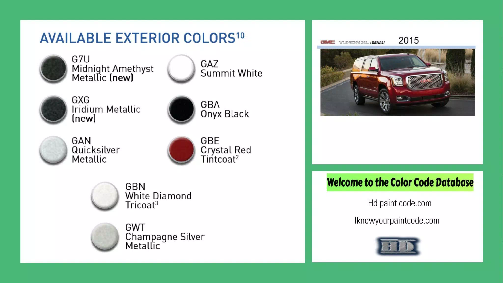 2015 GMC Yukon XL Paint Codes & Color Chart exterior colors and chips for the 2015 gmc yukon vehicle