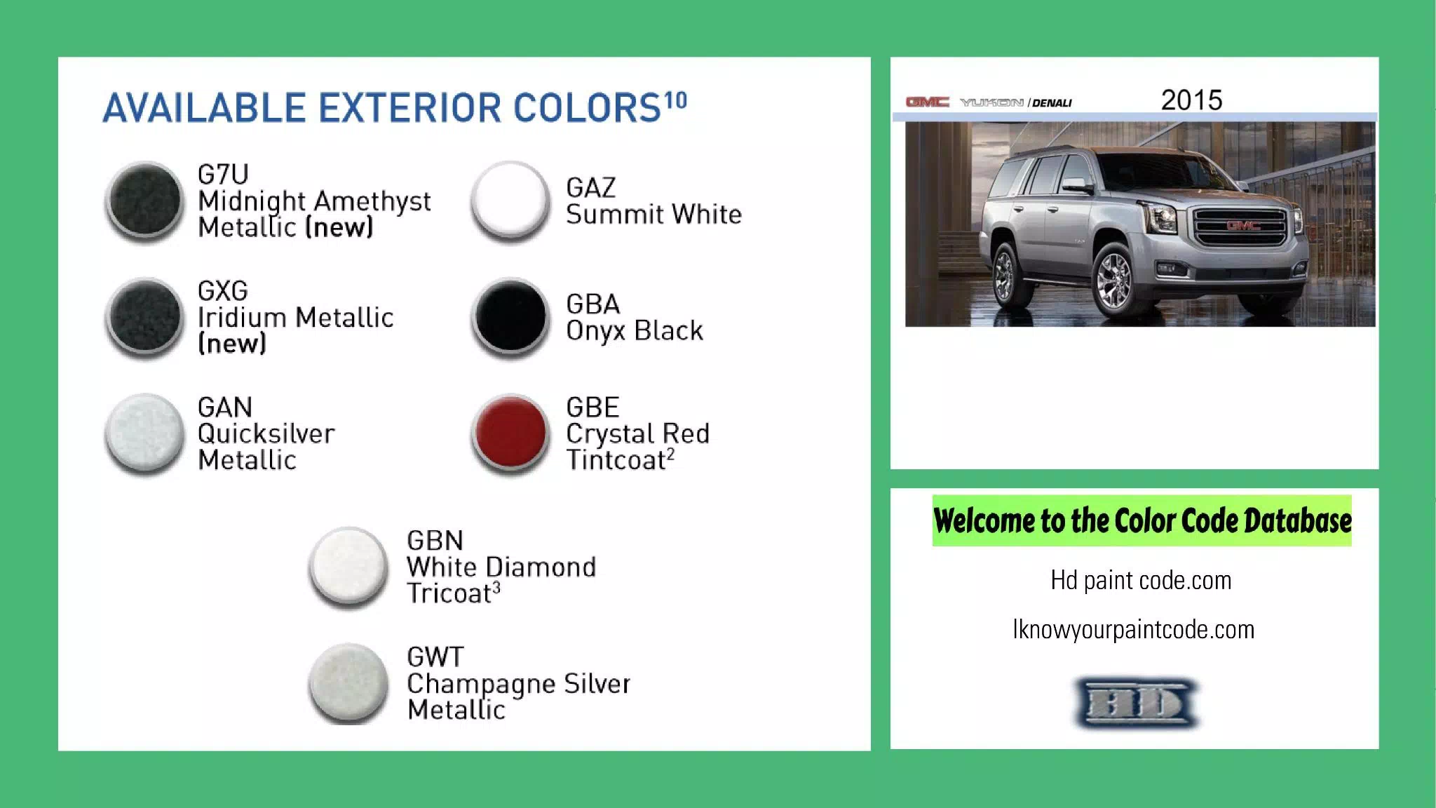 2015 GMC Yukon Paint Codes & Color Chart exterior colors and chips for the 2015 gmc yukon vehicle