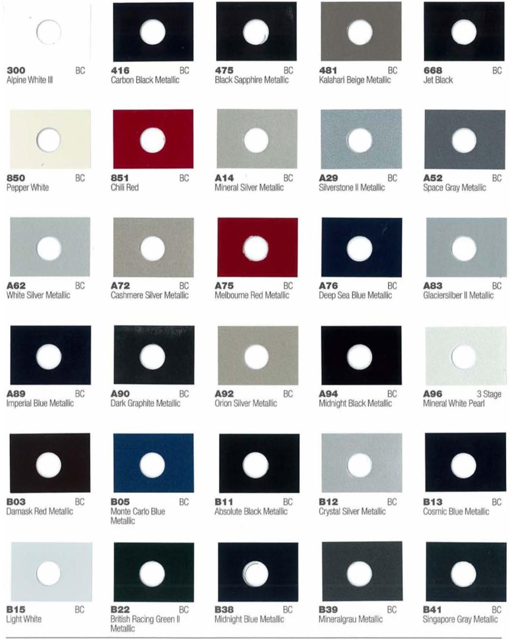 exterior paint colors and their ordering codes for the BMW and mini models